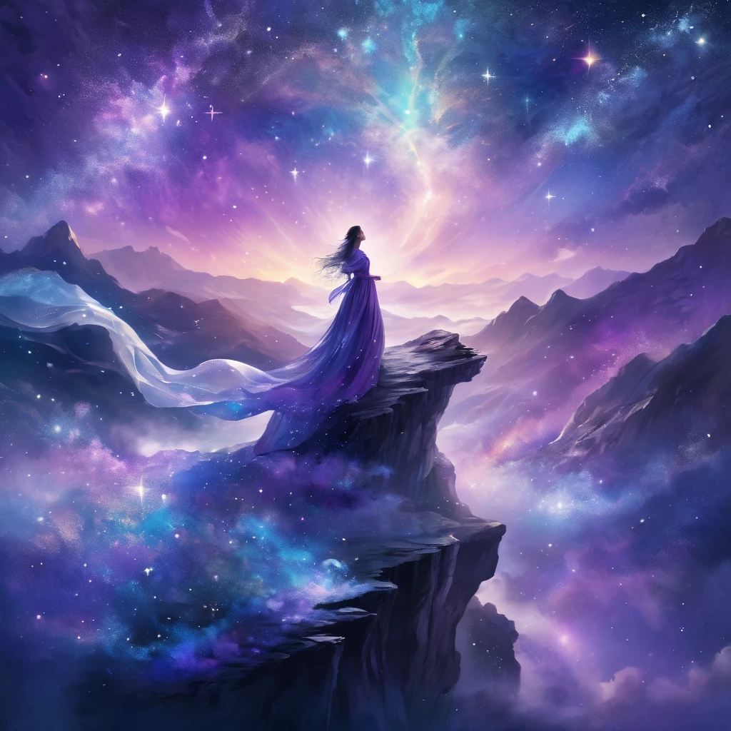 A figure stands on a cliff, enveloped in swirling streams of cosmic energy, amidst a dreamy, nebulous landscape. The silhouette of the person is wrapped in a flowing, ethereal gown that merges with the celestial currents. The sky is a tapestry of deep purples and blues, sprinkled with stars, and the landscape below is hinted at with soft, rolling mountains. The scene is one of tranquility and the sublime, capturing the majestic essence of the cosmos with a single, contemplative figure standing in awe.