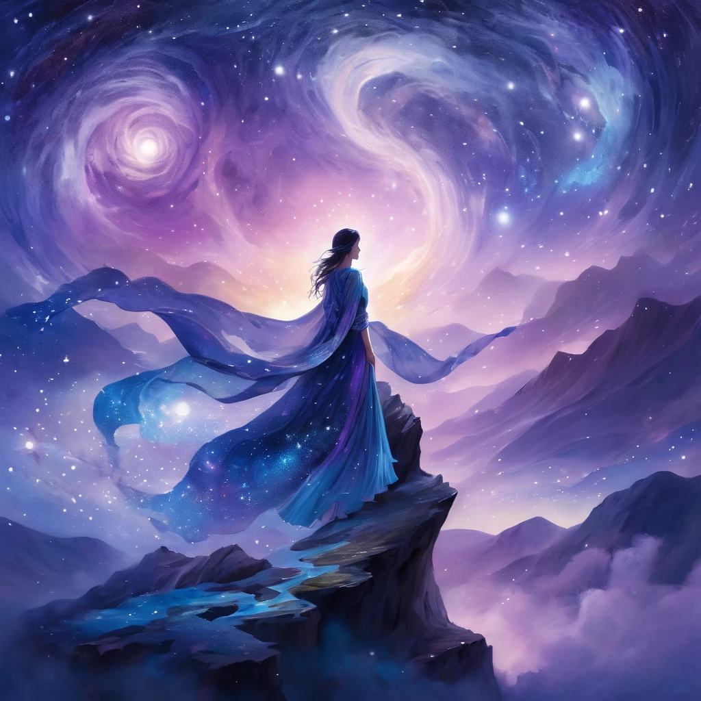 A figure stands on a cliff, enveloped in swirling streams of cosmic energy, amidst a dreamy, nebulous landscape. The silhouette of the person is wrapped in a flowing, ethereal gown that merges with the celestial currents. The sky is a tapestry of deep purples and blues, sprinkled with stars, and the landscape below is hinted at with soft, rolling mountains. The scene is one of tranquility and the sublime, capturing the majestic essence of the cosmos with a single, contemplative figure standing in awe.