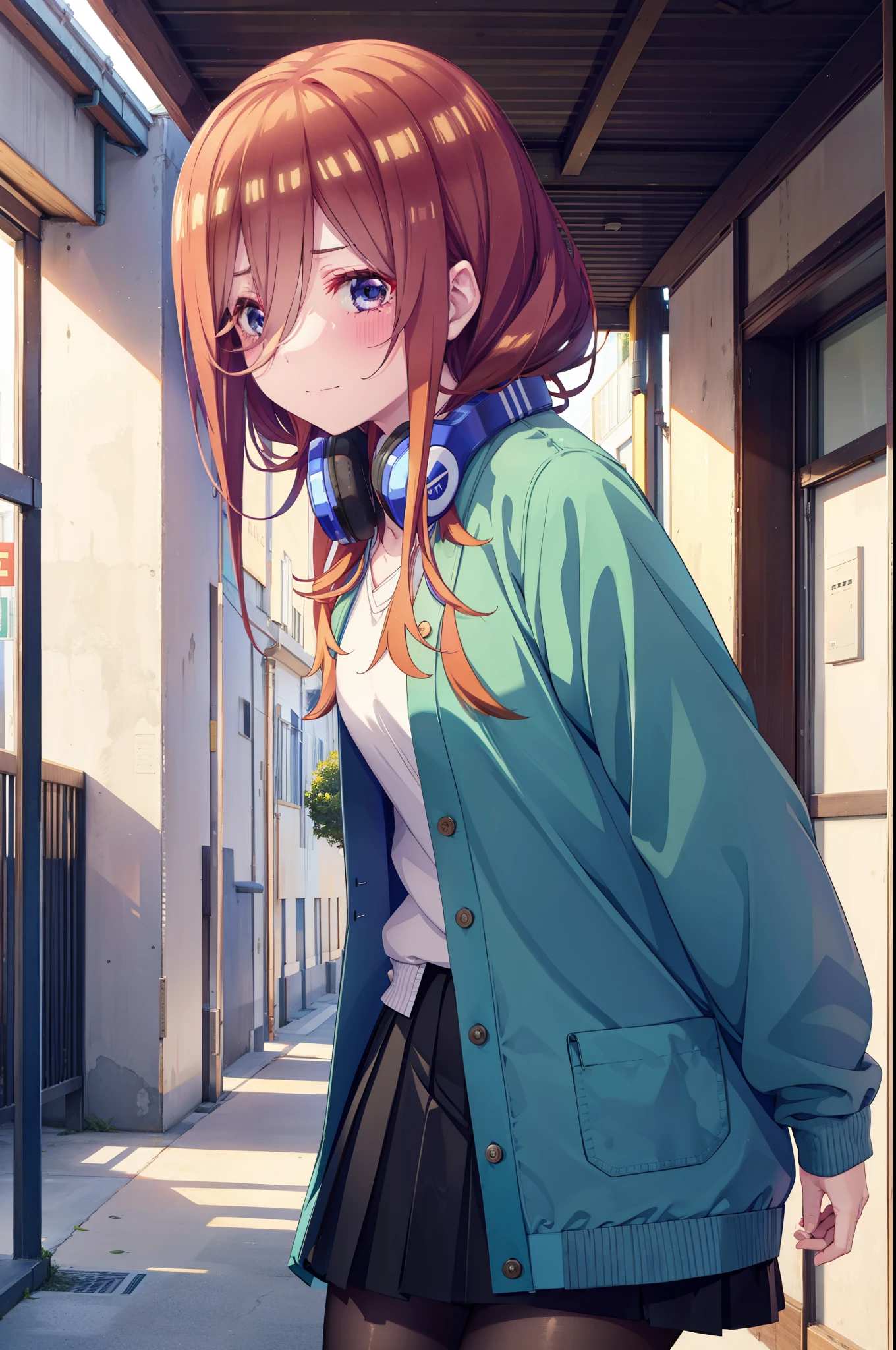 Mikunakano, Miku Nakano, long hair, bangs, brown hair, shirt, hair between eyes, headphones, cardigan, headphones around neck,close both eyes,tears run down her face,Crying with joy,blush,smile, 
break skirt, shirt, long sleeve, white shirt, pantyhose, pleated skirt, black pantyhose, cardigan, green skirt, blue cardigan,evening,
break indoors, School,Back of school building,
break looking at viewer, 
break (masterpiece:1.2), highest quality, High resolution, unity 8k wallpaper, (figure:0.8),  highly detailed face, perfect lighting, Very detailed CG, (perfect hands, perfect anatomy),