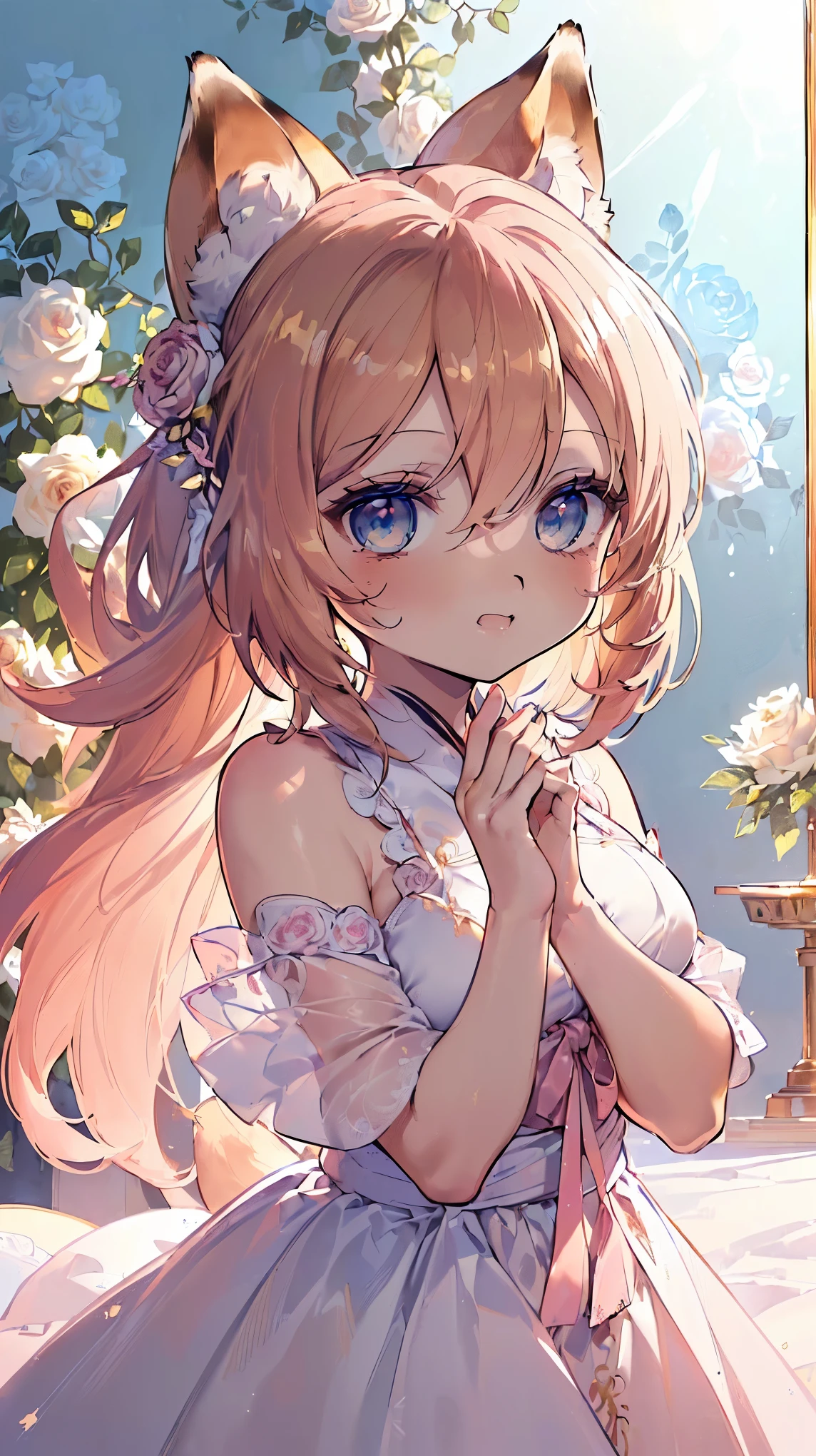 (((Masterpiece))), (((Highest quality))), ((Ultra-detailed)), ((Super fine illustration)), ((Ultra-fine painting)), (16K highest quality wallpaper:1.4), (Chibi:2.0), (Upper body:1.4), (Highly detailed and delicate illustration style:1.8), Detailed skin texture, Detailed cloth texture, Detailed rose flower texture, Detailed wood texture, Extreme detailed description, (T-masterpiece), (Highly detailed face:1.4), Original, RAW photo, Professional, Intricate details, Super details, Direct light:1.6, (Perfect anatomy:1.4), (Highly detailed hands:1.2), (Highly detailed fingers:1.2), (Highly detailed fingertips:1.2), (27-years-old), Real, (Solo:1.6), ((A very beautiful and attractive fox fashion model who is a messenger of God and a traditional sacred shrine maiden:1.4)) BRAKE (Beautiful and adorable fox ears:1.6), (Highly detailed and delicate fox ears:1.4), (Beautiful and well-shaped big breasts:1.2), (Beautiful and well-shaped buttocks), (Beautiful and shiny golden brown hair:1.6), (Highly detailed and delicate golden brown hair:1.4), (Beautiful clear blue eyes that shine with great detail:1.6), (Highly detailed and delicate blue eyes:1.2), (Highly detailed face:1.4), (Smile:1.4), (Looking at viewer:1.4), (Standing:1.4), (Celebration:1.4) BRAKE ((A beautiful and gorgeous princess dress that is detailed and delicate to be worn at celebratory occasions:1.4)) BRAKE ((Holding in both hands a large bouquet of highly detailed and delicate ((white and pink roses)):1.3)) BRAKE (Just after noon:1.4), (Celebration:1.4), ((Highly detailed and delicate white rose flower and pink rose flower garden background:1.4)), (Highly detailed and delicate royal palace courtyard background in just after noon in spring:1.4) BRAKE