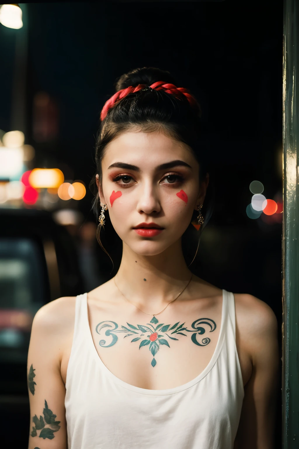((Best quality)), ((masterpiece)), (detailed), perfect face, upper body shot, girl, makeup, small tattoos, hair bun, casual clothes, outside of a diner, neon signs, window, dim lighting, night time, professional photograph, (bella kotak style of photography, paolo roversi style, tim walker style)