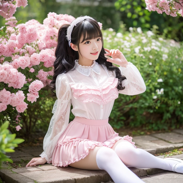 best quality, masterpiece, lifelike, 1 girl, alone, eternal, black hair, Long curly hair, blunt bangs, Smile, pink skirt, pink ta dress, layered skirt, Lolityle long skirt,分層連衣裙 lace-trimmed 裙子, decorate, lace, long sleeve, puff sleeves, wide sleeves, Transparent sleeves, hair accessories, 在flower园里, flower, Detailed background, delicate face,pink blush,White knee-length socks, Pink shoes,cold,Lots of lace,((masterpiece))、(top quality)、8K、high detail、super detailed、 21 years old female,穿着pink lolita d((dreamy atmosphere:1.1))、Seductive and whimsical style、masterpiece、born、Scenes resembling fairy tale illustrations、Intricate details showcase the ruffles and intricate designs of the Lolita dressutifully、magic、capricious、 beautifully、Dream aesthetics、「𝓡𝓸𝓶𝓪𝓷𝓽𝓲𝓬、ethereal、charming、fickle、magic」、realism、Visual effects、FXAA、SSAO、shader、voiceless、environmental lighting、Tone mapping、High resolution、ultra high definition、megapixel、(8K resolution:1.10)、8K、Below 8K、8K resolution、high detail、intricate details、A look of surprise and awe on her face、 (high quality:1.2、masterpiece:1.2、:1.21)、(21 years old female:1.21)、(興奮地Smile)、(Surrounded by the dreamy atmosphere of an amusement par色洛丽塔连衣裙、Her eyes were full of surprise and joy、I took a lot of geek photos、、High heel、Model diagram,full-body shot,Knee-high 白色的 lace socks,Sweet Lolita,Normal 2 ,Pink shoes,Baotou shoes,full-body shot,baby star dress,have,Don't show your fingers,cold,Emphasize the volume of the skirt,exposed,Huge breasts,white underwear,The skirt flew up,Spread your legs,low cut,Expose panties