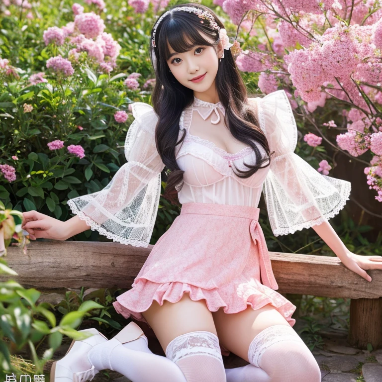 best quality, masterpiece, lifelike, 1 girl, alone, eternal, black hair, Long curly hair, blunt bangs, Smile, pink skirt, pink lolita dress, layered skirt, Lolita style long skirt,分層連衣裙 lace-trimmed 裙子, decorate, lace, long sleeve, puff sleeves, wide sleeves, Transparent sleeves, hair accessories, 在flower园里, flower, Detailed background,  delicate face，pink blush，White knee-length socks, Pink shoes，cold，Lots of lace，((​masterpiece))、(top quality)、8K、high detail、super detailed、 21 years old female，穿着pink lolita dress((dreamy atmosphere:1.1))、Seductive and whimsical style、​masterpiece、born、Scenes resembling fairy tale illustrations、Intricate details showcase the ruffles and intricate designs of the Lolita dress、beautifully、magic、capricious、 beautifully、Dream aesthetics、「𝓡𝓸𝓶𝓪𝓷𝓽𝓲𝓬、ethereal、charming、fickle、magic」、realism、Visual effects、FXAA、SSAO、shader、voiceless、environmental lighting、Tone mapping、High resolution、ultra high definition、megapixel、(8K resolution:1.10)、8K、Below 8K、8K resolution、high detail、intricate details、A look of surprise and awe on her face、 (high quality:1.2、​masterpiece:1.2、:1.21)、(21 years old female:1.21)、(興奮地Smile)、(Surrounded by the dreamy atmosphere of an amusement par色洛丽塔连衣裙、Her eyes were full of surprise and joy、I took a lot of geek photos、、High heel、Model diagram，full-body shot，Knee-high 白色的 lace socks,Sweet Lolita，Normal 2 feet，Pink shoes，Baotou shoes，full-body shot，baby star dress，have，Don't show your fingers，cold，Emphasize the volume of the skirt，exposed，Huge breasts，white underwear,The skirt flew up，Spread your legs，low cut，Expose panties