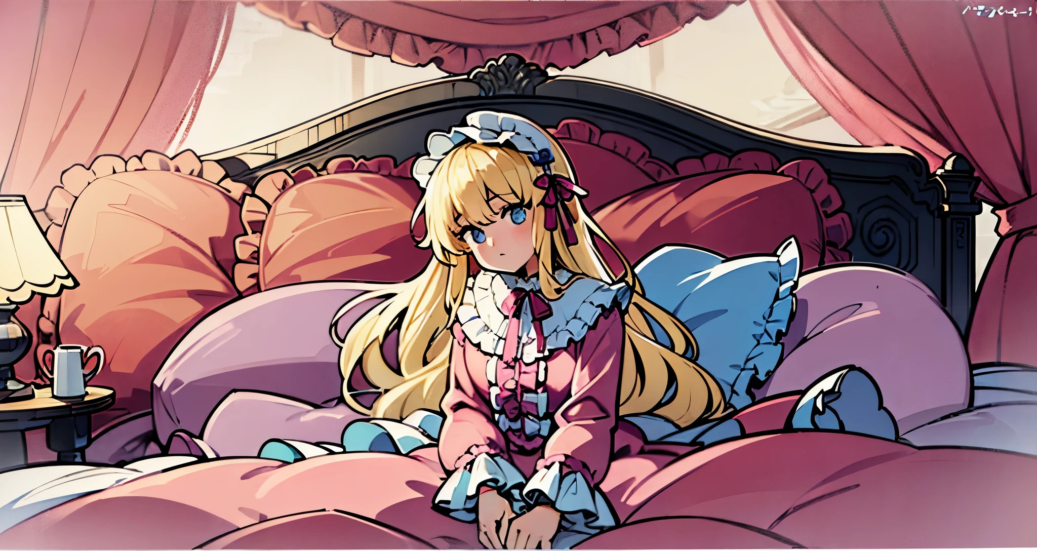 ,highest quality, masterpiece, highest resolution, artwork, super それにget used to it, many get used to it, get used to it, それにget used to it, 3K anime illustration,(( 10 year old girl)),Super detailed baby face,high quality small face,long blonde hair that grows to the waist,blue eyes,白い肌のeuropean,pajamas, european,(((super long blonde hair))),curly hair,blue eyes,((((ピンクのロリータファッションのlong skirtのワンピースドレス)))),((Pink dress with lots of frills and ribbons)),((Luxurious headdress with frills and ribbons)),detailed headdress,,(((big yoke collar))),Yoke collar with ruffles and ribbons,((((long sleeve)))),ruffle sleeves,((((long skirt)))),white ruffle and lace socks,large frill and ribbon pillow,(((Nice pink outfit))),豪華なcanopy bedの上,canopy bed,The bed is surrounded by luxurious curtains,many frilly pillows on the bed,There are many frilly pillows behind the girl.,super detailed background,detailed bed,soft pink comforter,Highly detailed soft ruffle pillow,Beautiful girl illustration,detailed beautiful face,thin hair,detailed eye ,detailed eyes,detailed mouth, arm details,fine hands,Detailed pillow,wide bed,Illustration on the bed, ,((((round futon)))),((((A large ruffled futon that covers the entire bed)))),detailed comforter,detailed bedシーツ,Before bedtime,romantic atmosphere,palace bedroom,((((The lower half of the body is hidden under the futon and the puffy skirt......)))) The girl is leaning on a pile of pillows, ,((((round futon)))),((((A large ruffled futon that covers the entire bed)))),((((not wearing shoes)))),