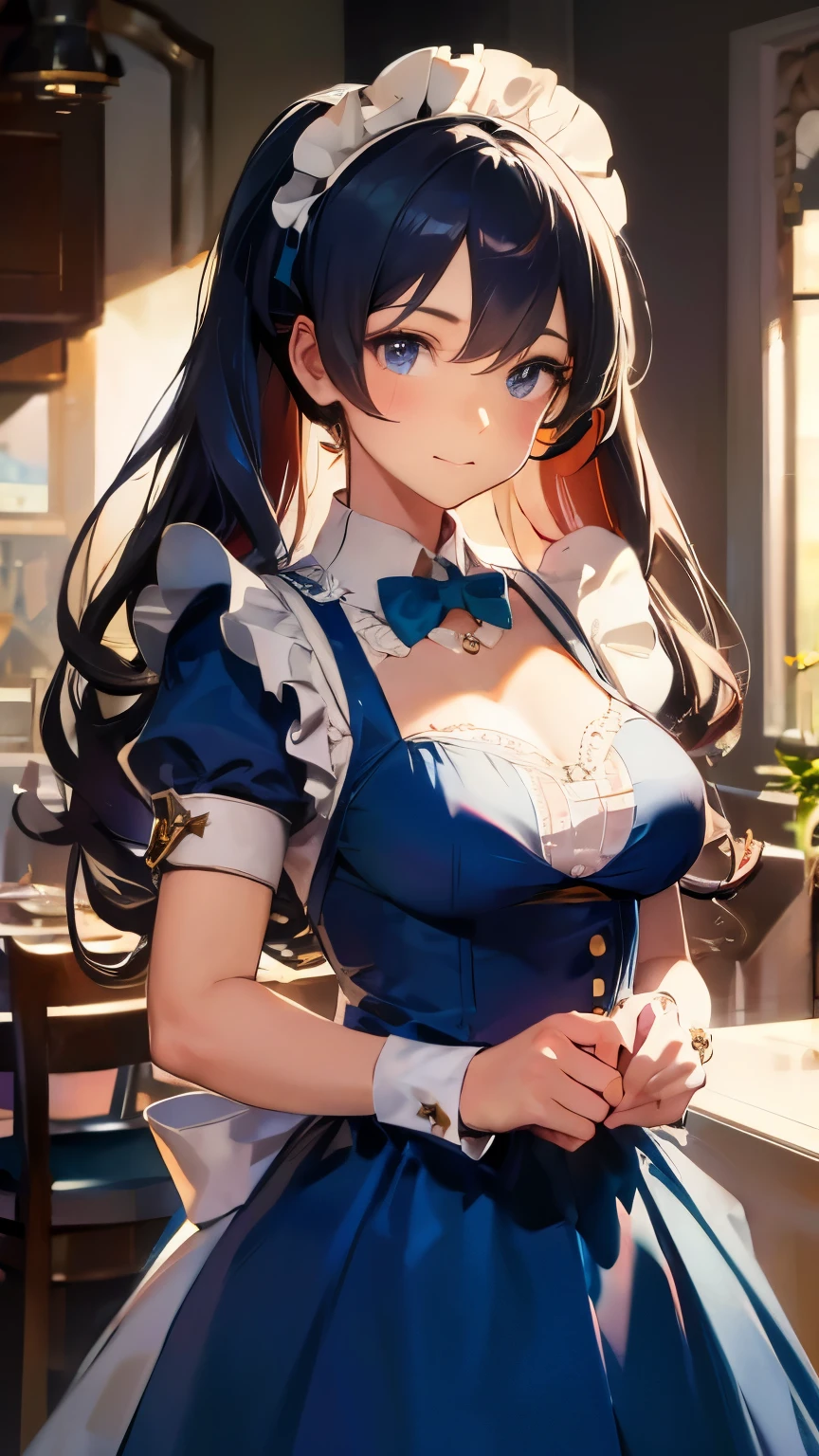 A maid girl with long purple hair. Her cheeks are red and she looks at me shyly. emphasized chest. Her thick hair flows as she waits on customers. A maid costume with frills. She serves at the royal court. high resolution. Textured skin. anime style.