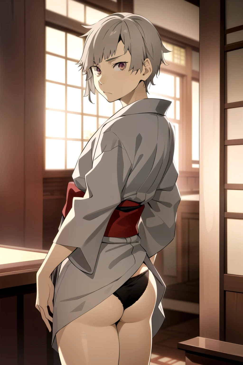 masterpiece, best quality, high quality, 1boy, solo, male focus, looking at viewer, nakajima_atsushi, grey hair, (yukata uniform, black panties: 1.2), hentai face,Taisho era, rear view, shows ass, butt