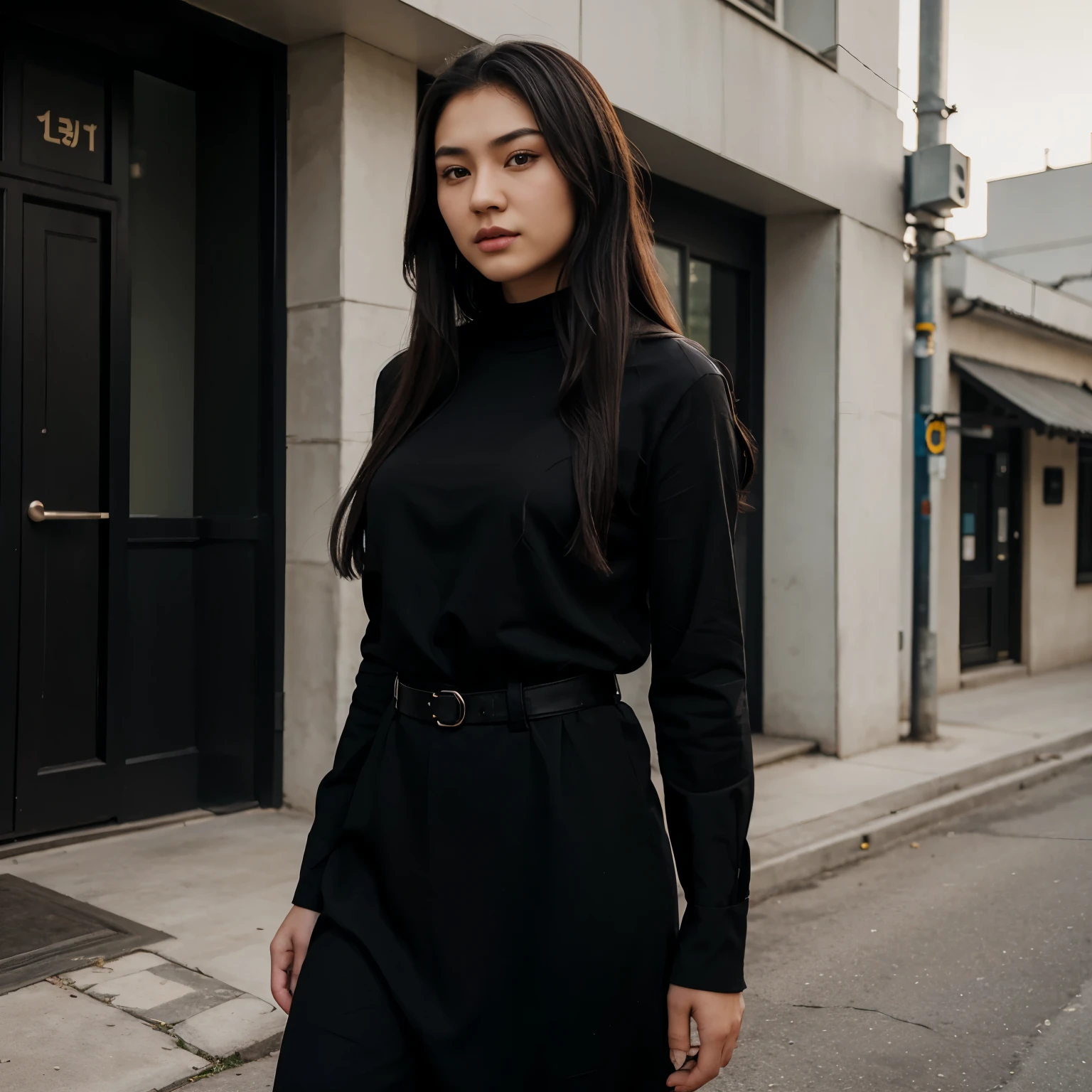 A realistic Kazakh guy with short hair in a shirt and black trousers, a realistic Tatar girl with long thick hair in a black dress with long sleeves