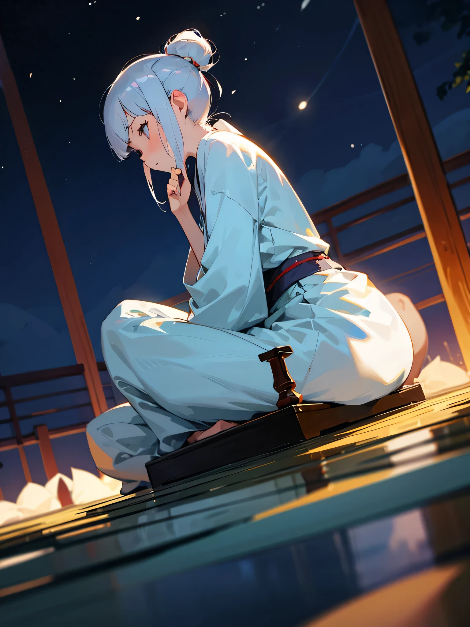 1girl, Zazen meditation, night, closr up, low angle,