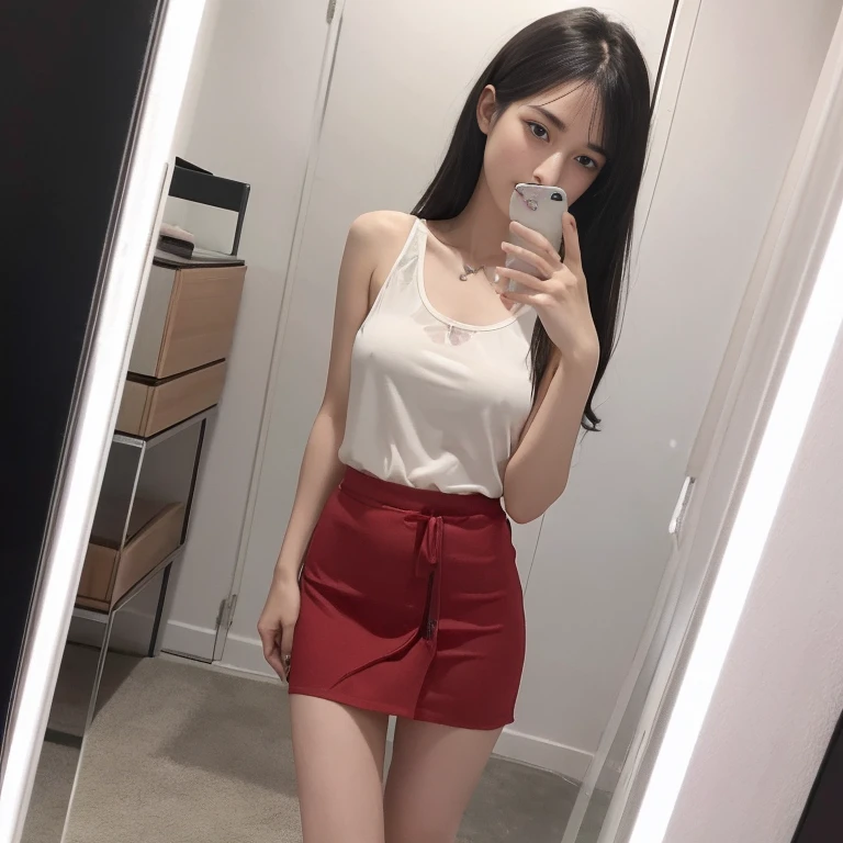 debris flies、highest quality、super fine、got it、High resolution、8k wallpaper、perfect dynamic composition、(((Full body Esbian)))、((from below))、20 year old cute girl、detailed beautiful face、delicate and cute eyes、fine-textured skin、My cheeks turned red、(wavy black hair)、thin legs、Please generate at the eaves、take a selfie with your mobile phone、room、wearing a tank top、white background、wearing a skirt、I can see your pants、panty shot、The exact shape of the areola、Transparent areola、nipples are transparent、Take a selfie through the mirror with your smartphone