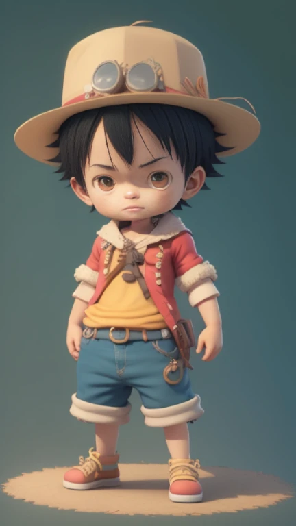 cute 3d render, cute detailed digital art, male explorer mini cute boy, cute digital painting, stylized 3d render, cute digital art, cute render 3d anime boy, luffy the little pirate looks up, cute! c4d, portrait anime sea pirate boy, he is wearing an open long-sleeved red cardigan with four buttons, with a yellow sash tied around his waist, blue shorts with cuffs, sandals, straw hat.