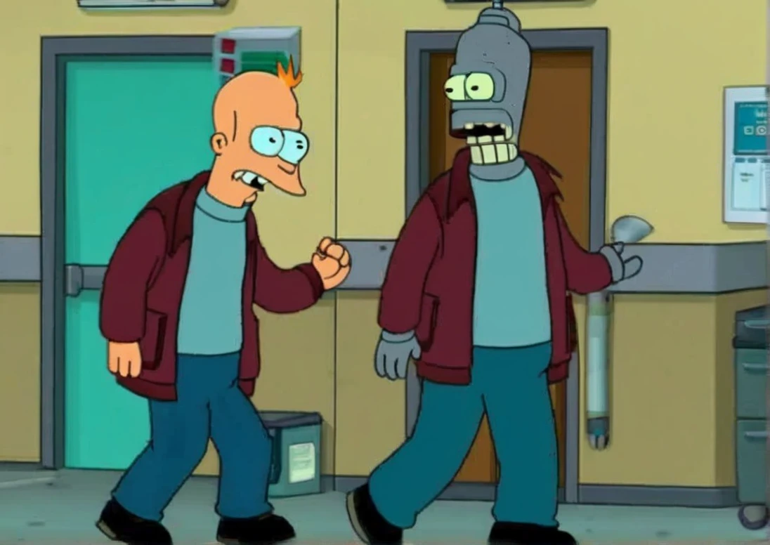 Scruffy the Janitor walking dance arm shake on Hospital Room, Gray Mustache, Maroon Cap, Blue Techwear Jacket, Blue Jeans, Futurama Style 