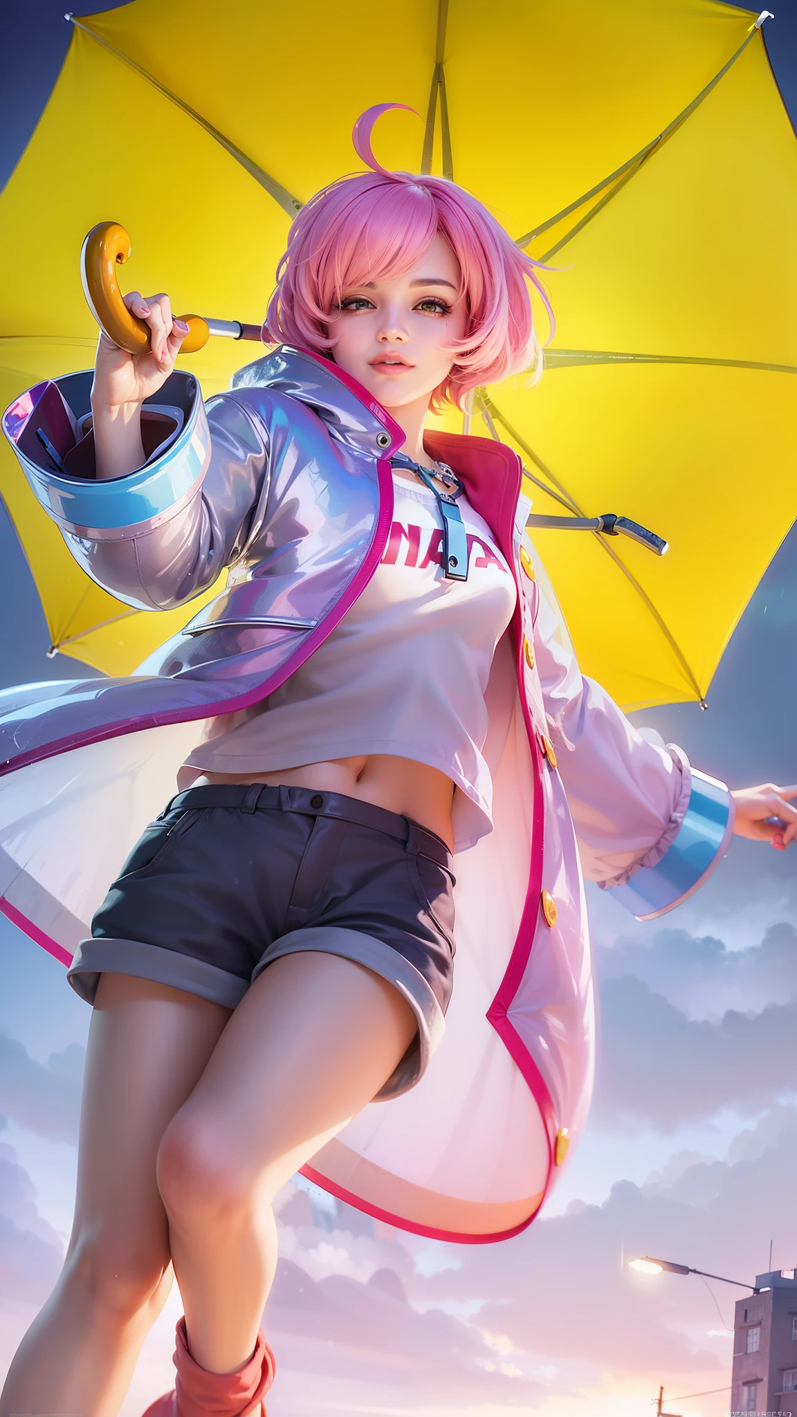 girl with pink hair holding a umbrella, red lips glossy, 8k, ultra hd, ultra detailed texture, hyper realistic, masterpiece, detailed texture, detailed face, detailed skin, detailed lighting, (photorealistic:1.5), best quality, beautiful lighting, cinematic lighting, professional lighting, ultra highres, realistic, detailed hair, real hair, high quality, (realskin:1.5), extremely detailed, finely detail, ultra-detailed, smile, red eyes.