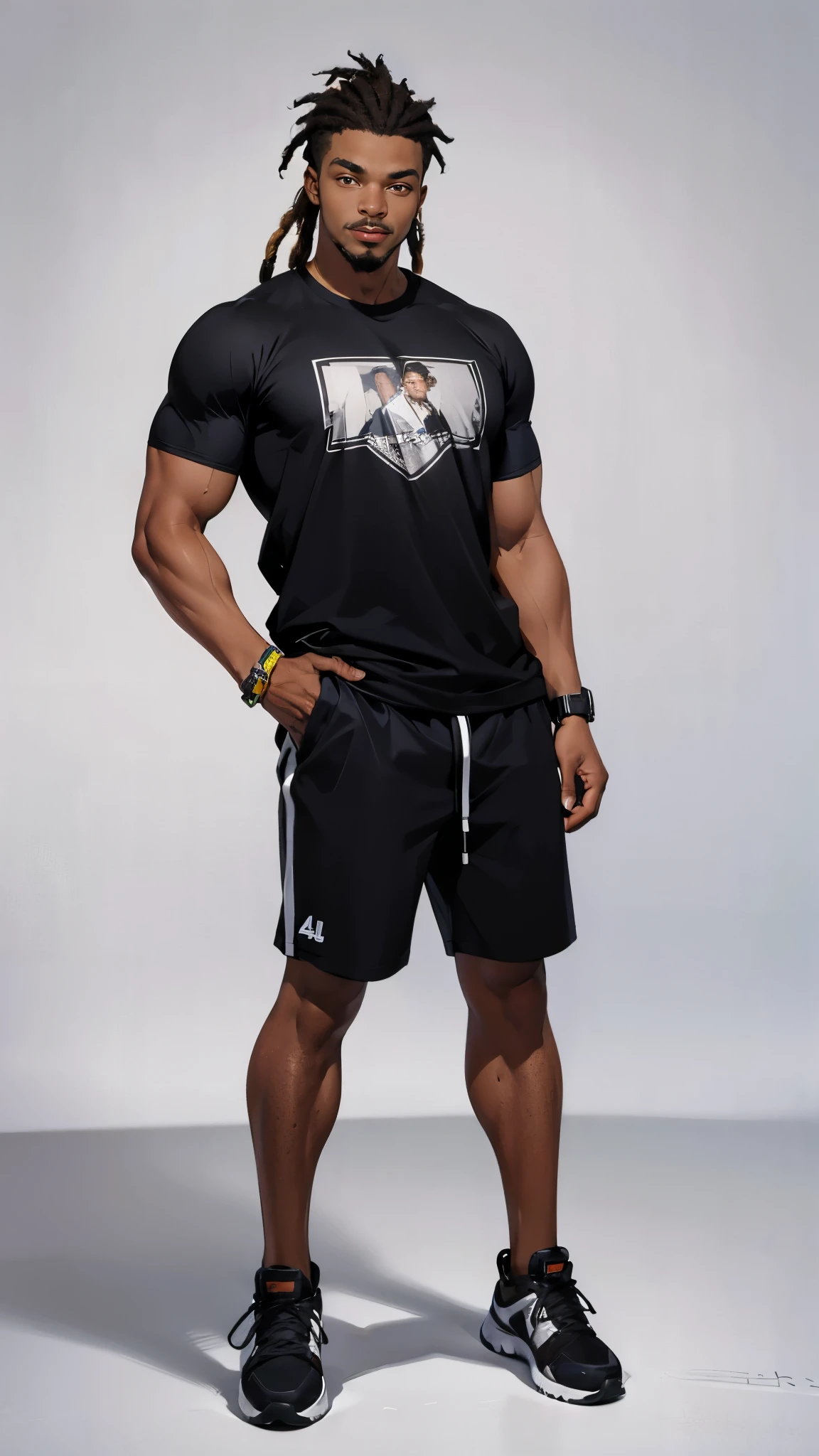 ((best quality,4k,highres,masterpiece:1.2)),((character concept art)), 1 male, 19-year-old African-American exchange student from U.S., college league player, American Football, Running Back position, athlete, athletic body, tall, broad shoulders, broad chest, very strong arms and legs, very muscular, dreadlock hairstyle, Andrew Tete's traits and personality - pragmatic, driven, intelligent, compassionate, reliable, womanizer, party goer, arrogant, extrovert, famous for big cock, wearing. black t-shirt, Richard Mille wristwatch, luxury brand sneaker, diamond stud earring, stylish sneakers, confident smirk, intense gaze, (standing confidently), (full body showcase), (show full body), (no logos on background), (no logo), ((plain background)), ((plain background)), (((empty background)))
