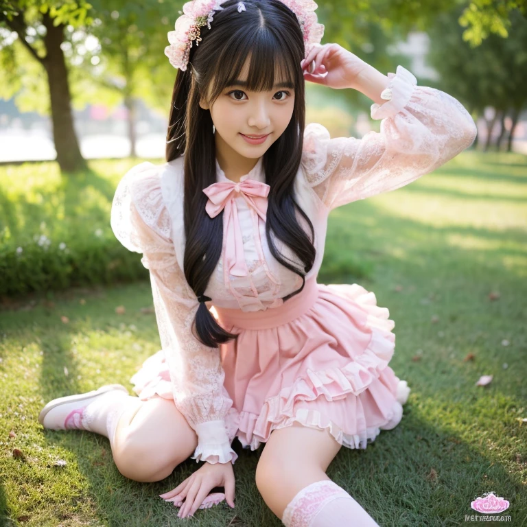 best quality, masterpiece, lifelike, 1 girl, alone, eternal, black hair, Long curly hair, blunt bangs, Smile, pink skirt, pink lolita dress, layered skirt, Lolita style long skirt,分層連衣裙 lace-trimmed 裙子, decorate, lace, long sleeve, puff sleeves, wide sleeves, Transparent sleeves, hair accessories, 在flower园里, flower, Detailed background, delicate face,pink blush,White knee-length socks, Pink shoes,cold,Lots of lace,((masterpiece))、(top quality)、8K、high detail、super detailed、 21 years old female,穿着pink lolita dress((dreamy atmosphere:1.1))、Seductive and whimsical style、masterpiece、born、Scenes resembling fairy tale illustrations、Intricate details showcase the ruffles and intricate designs of the Lolita dress、beautifully、magic、capricious、 beautifully、Dream aesthetics、「𝓡𝓸𝓶𝓪𝓷𝓽𝓲𝓬、ethereal、charming、fickle、magic」、realism、Visual effects、FXAA、SSAO、shader、voiceless、environmental lighting、Tone mapping、High resolution、ultra high definition、megapixel、(8K resolution:1.10)、8K、Below 8K、8K resolution、high detail、intricate details、A look of surprise and awe on her face、 (high quality:1.2、masterpiece:1.2、:1.21)、(21 years old female:1.21)、(興奮地Smile)、(Surrounded by the dreamy atmosphere of an amusement par色洛丽塔连衣裙、Her eyes were full of surprise and joy、I took a lot of geek photos、、High heel、Model diagram,full-body shot,Knee-high 白色的 lace socks,Sweet Lolita,Normal 2 feet,Pink shoes,Baotou shoes,full-body shot,baby star dress,have,Don't show your fingers,cold,Emphasize the volume of the skirt,exposed,Huge breasts,white underwear,The skirt flew up,Spread your legs,low cut,Expose panties