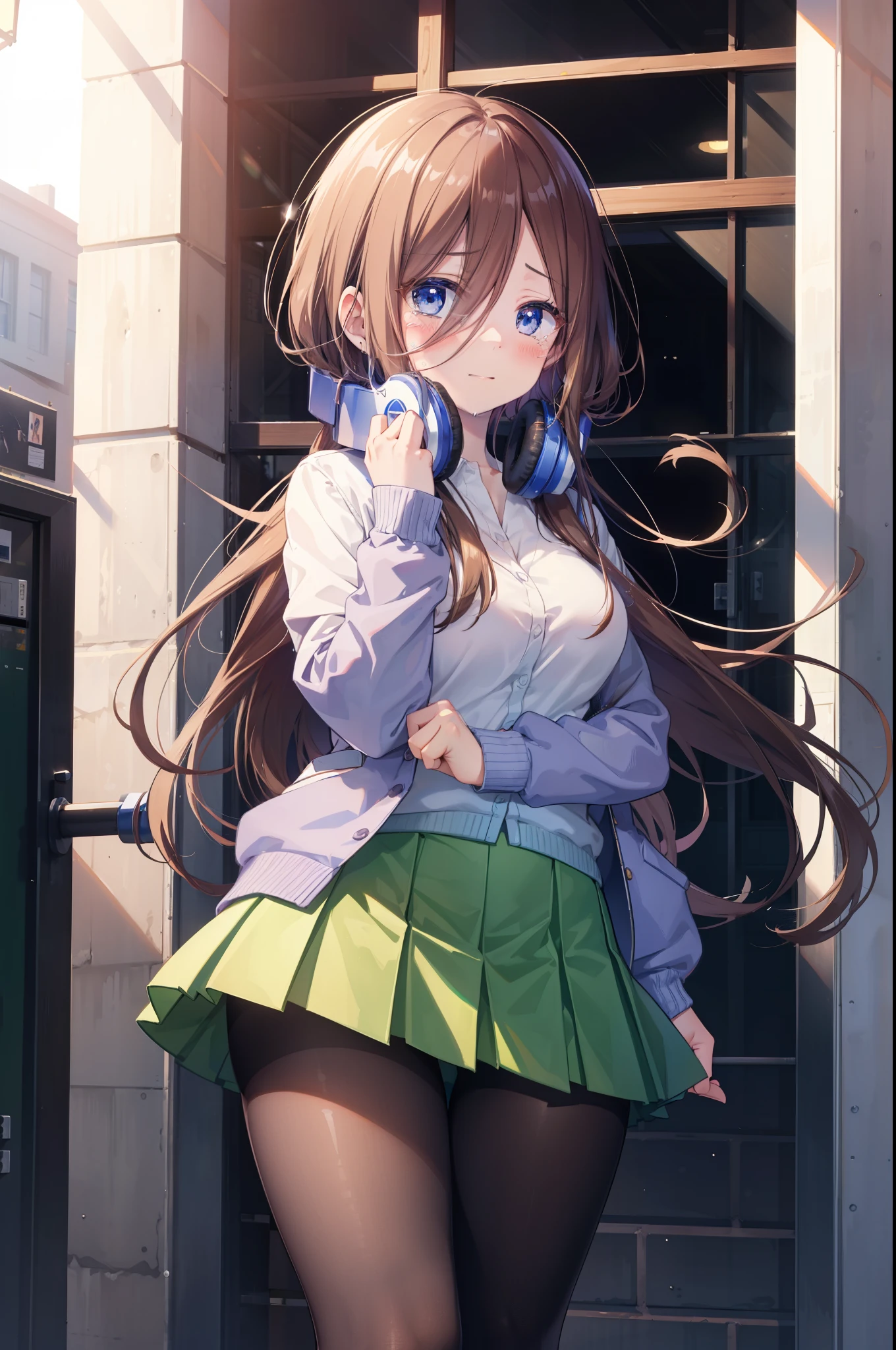 Mikunakano, Miku Nakano, long hair, bangs, brown hair, shirt, hair between eyes, headphones, cardigan, headphones around neck,close both eyes,tears run down her face,Crying with joy,blush,smile, 
break skirt, shirt, long sleeve, white shirt, pantyhose, pleated skirt, black pantyhose, cardigan, green skirt, blue cardigan,evening,
break indoors, School,Back of school building,
break looking at viewer, 
break (masterpiece:1.2), highest quality, High resolution, unity 8k wallpaper, (figure:0.8),  highly detailed face, perfect lighting, Very detailed CG, (perfect hands, perfect anatomy),