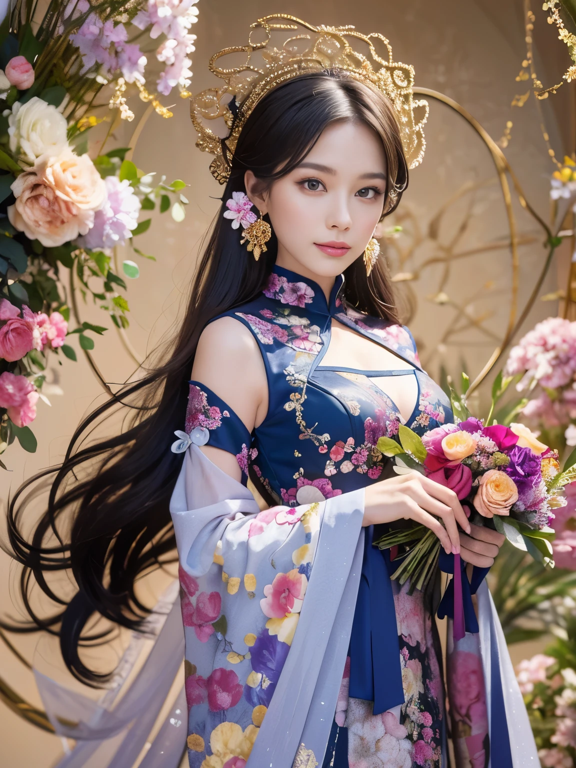 (masterpiece, highest quality, highest quality, official art, beautiful and aesthetic:1.2), (1 girl:1.3), very detailed,(fractal art:1.1),(colorful:1.1)(flowers:1.3),most detailed,(tangled:1.2), (dynamic pose), (abstract background:1.3), (China dress:1.2), (shiny skin), (lots of colors:1.4), ,(earrings:1.4),