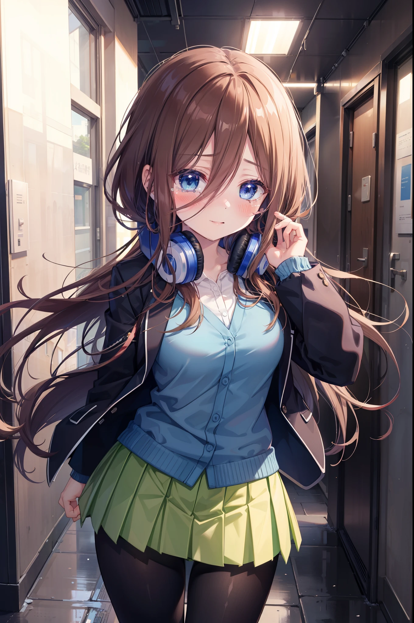 Mikunakano, Miku Nakano, long hair, bangs, brown hair, shirt, hair between eyes, headphones, cardigan, headphones around neck,close both eyes,tears run down her face,Crying with joy,blush,smile,
break skirt, shirt, long sleeve, white shirt, pantyhose, pleated skirt, black pantyhose, cardigan, green skirt, blue cardigan,evening,
break indoors, School,Back of school building,
break looking at viewer,
break (masterpiece:1.2), highest quality, High resolution, unity 8k wallpaper, (figure:0.8), highly detailed face, perfect lighting, Very detailed CG, (perfect hands, perfect anatomy),