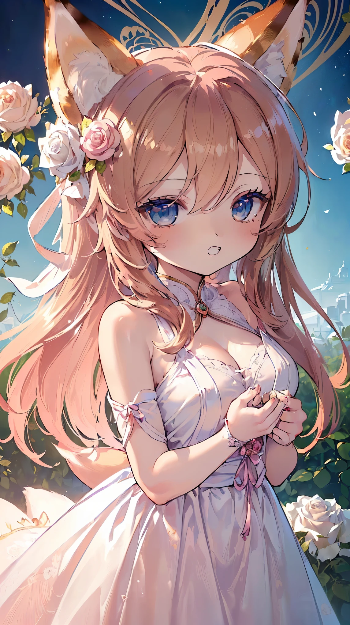 (((Masterpiece))), (((Highest quality))), ((Ultra-detailed)), ((Super fine illustration)), ((Ultra-fine painting)), (16K highest quality wallpaper:1.4), (Chibi:2.0), (Upper body:1.4), (Highly detailed and delicate illustration style:1.8), Detailed skin texture, Detailed cloth texture, Detailed rose flower texture, Detailed wood texture, Extreme detailed description, (T-masterpiece), (Highly detailed face:1.4), Original, RAW photo, Professional, Intricate details, Super details, Direct light:1.6, (Perfect anatomy:1.4), (Highly detailed hands:1.2), (Highly detailed fingers:1.2), (Highly detailed fingertips:1.2), (27-years-old), Real, (Solo:1.6), ((A very beautiful and attractive fox fashion model who is a messenger of God and a traditional sacred shrine maiden:1.4)) BRAKE (Beautiful and adorable fox ears:1.6), (Highly detailed and delicate fox ears:1.4), (Beautiful and well-shaped big breasts:1.2), (Beautiful and well-shaped buttocks), (Beautiful and shiny golden brown hair:1.6), (Highly detailed and delicate golden brown hair:1.4), (Beautiful clear blue eyes that shine with great detail:1.6), (Highly detailed and delicate blue eyes:1.2), (Highly detailed face:1.4), (Smile:1.4), (Looking at viewer:1.4), (Standing:1.4), (Celebration:1.4) BRAKE ((A beautiful and gorgeous princess dress that is detailed and delicate to be worn at celebratory occasions:1.4)) BRAKE ((Holding in both hands a large bouquet of highly detailed and delicate ((white and pink roses)):1.3)) BRAKE (Just after noon:1.4), (Celebration:1.4), ((Highly detailed and delicate white rose flower and pink rose flower garden background:1.4)), (Highly detailed and delicate royal palace courtyard background in just after noon in spring:1.4) BRAKE