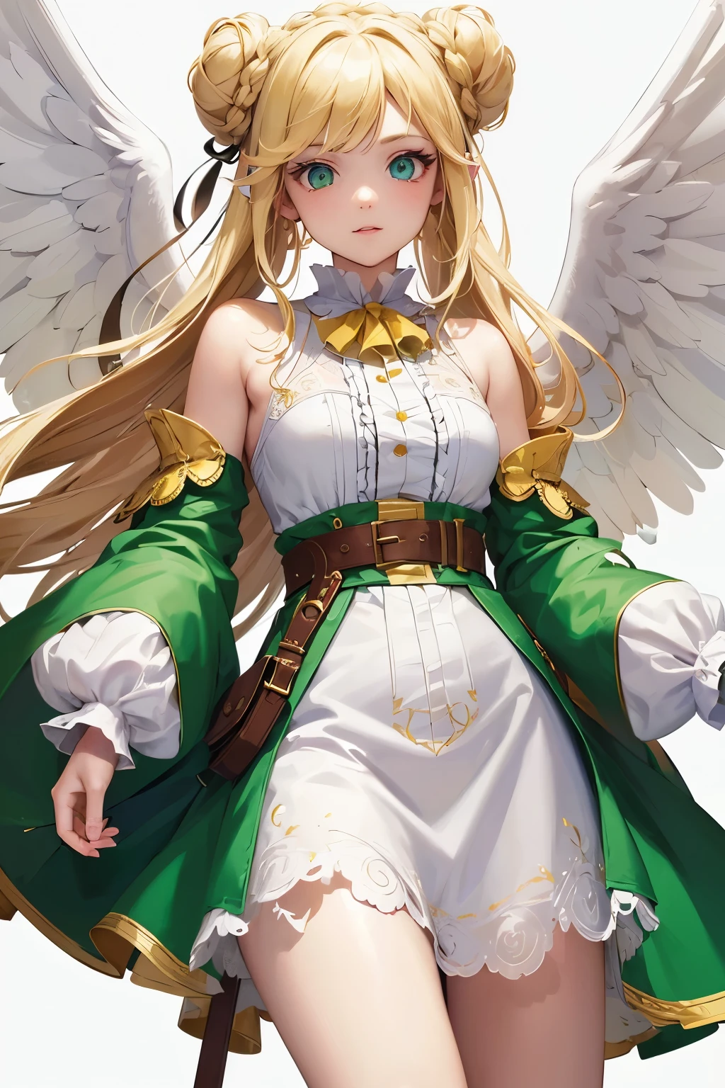 ((masterpiece)), (((Best quality))), illustration, (character design, same character, front view), woman, bright skin, eyes yellow and green, heterochromia, blonde hair, long hair, hair braided in buns, angel wings for ears, Clownish clothes, belt, (White background: 1.3) ,--6
