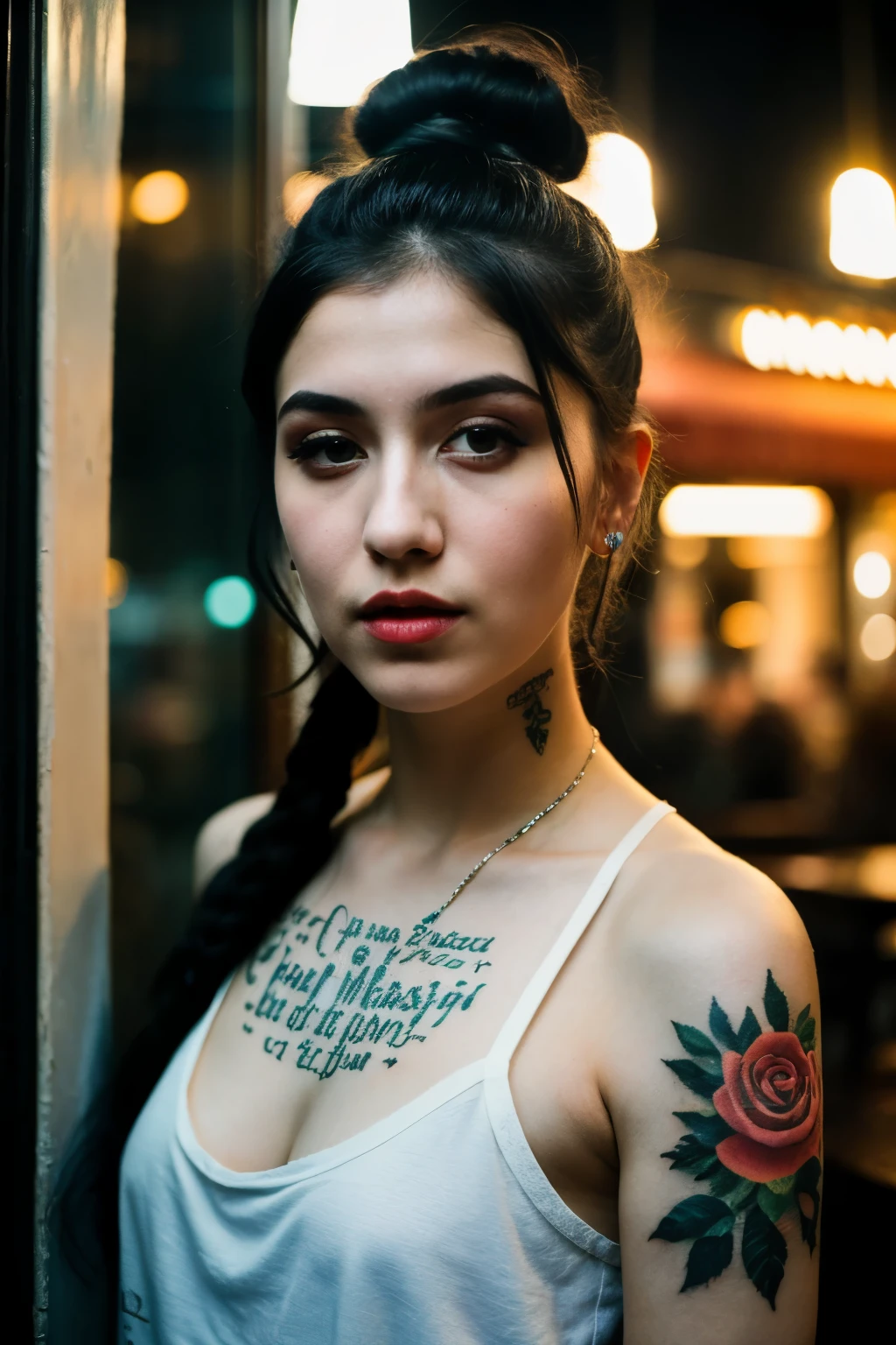 ((Best quality)), ((masterpiece)), (detailed), perfect face, upper body shot, girl, makeup, small tattoos, hair bun, casual clothes, outside of a diner, neon signs, window, dim lighting, night time, professional photograph, (bella kotak style of photography, paolo roversi style, tim walker style)