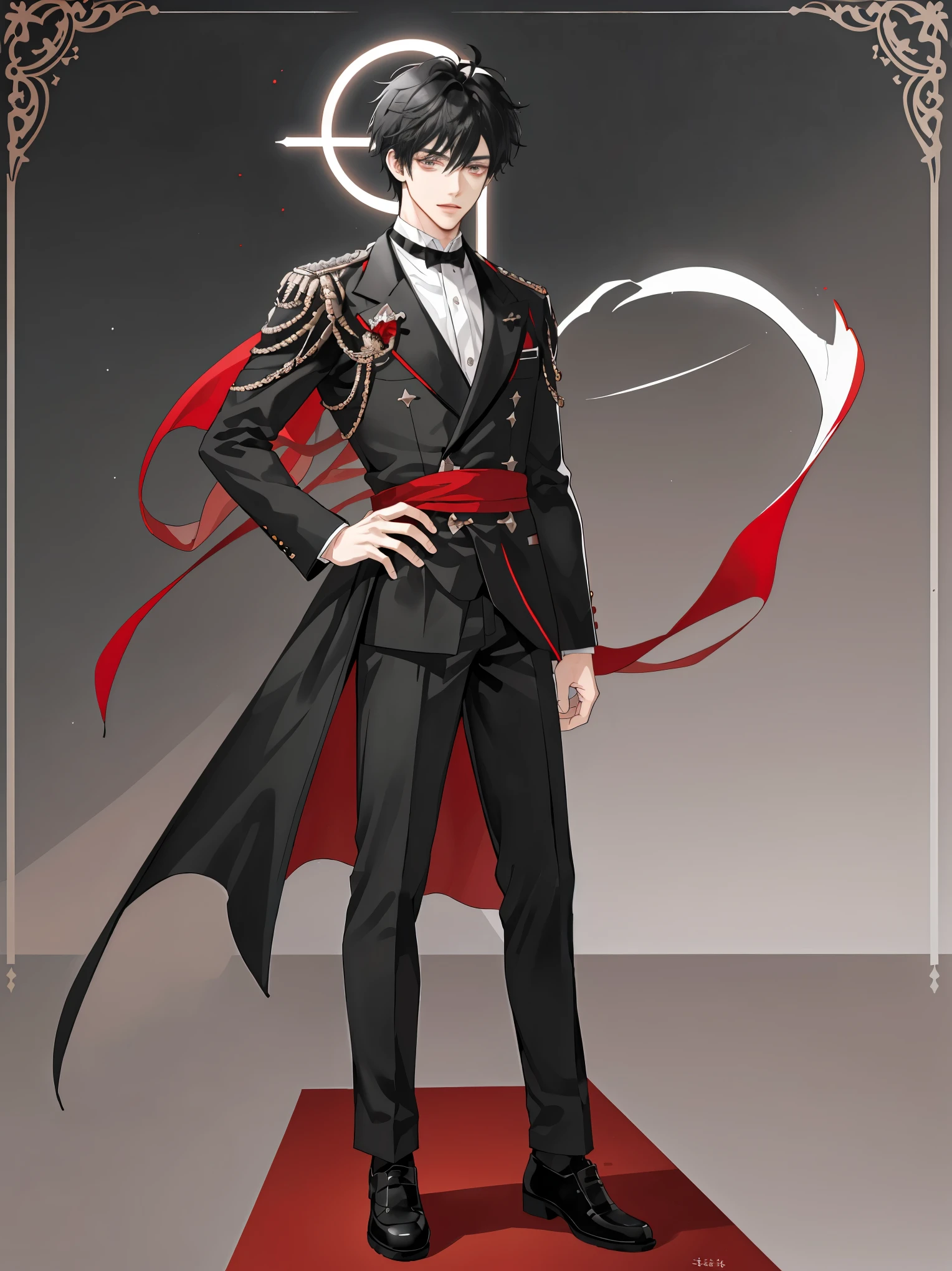 ((Full body)), (a boy), male role, beautiful boy, ((idol costume)), ((light black hair)), ((scarlet color eyes)), ((black and white clothes)), high quality