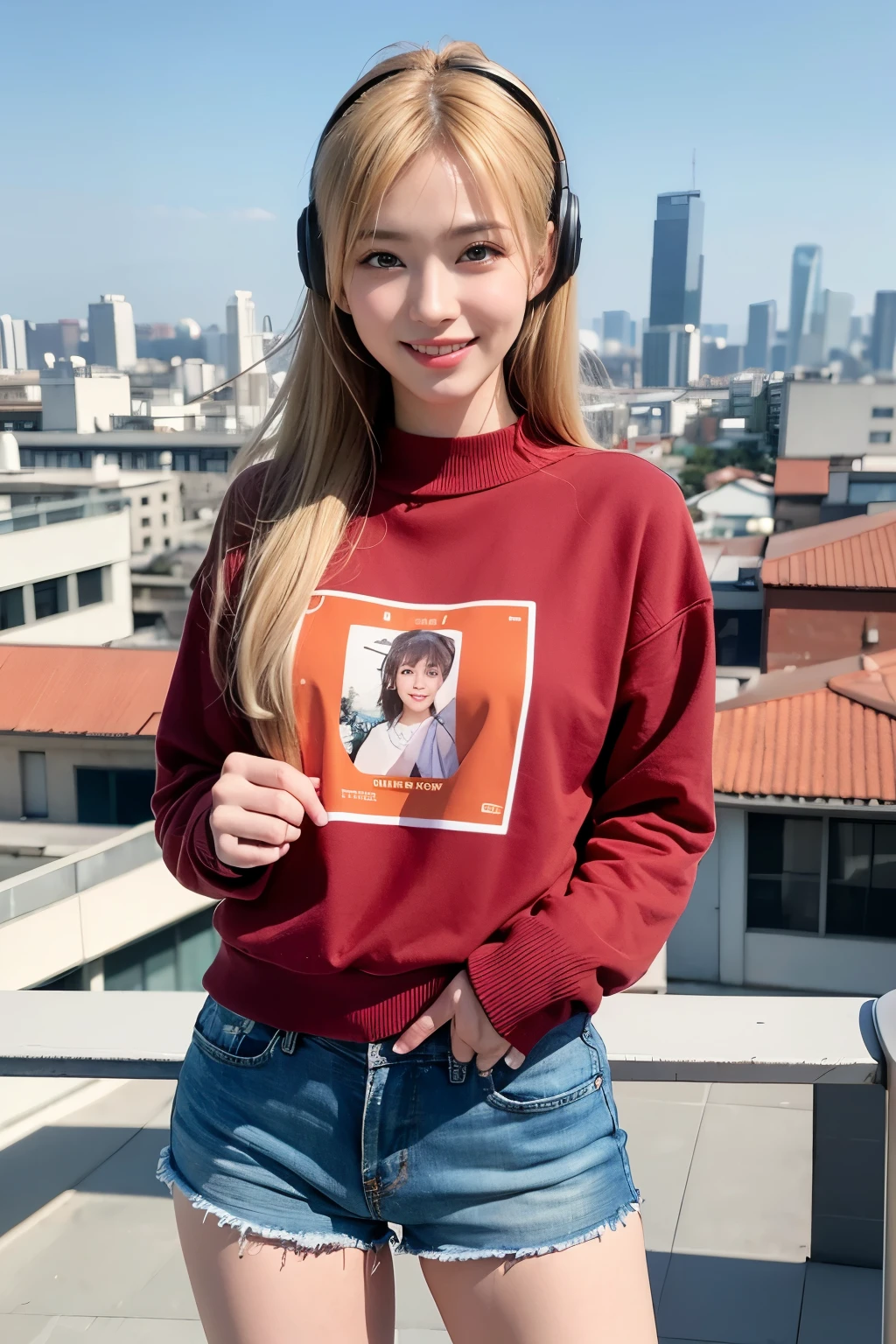 highest quality, masterpiece, 8K, ultra high resolution, (realistic: 1.4), 1 girl, beautiful face, symmetrical eyes, big, perfect body proportions,((Soryu Asuka Langley,interface headset,Tight knit、shorts:1.4,blonde)), (On the rooftop of a city、blurred background), Dance to the music、Front view, Absolute area (1.3),friendly smile、seems kind、cowboy shot