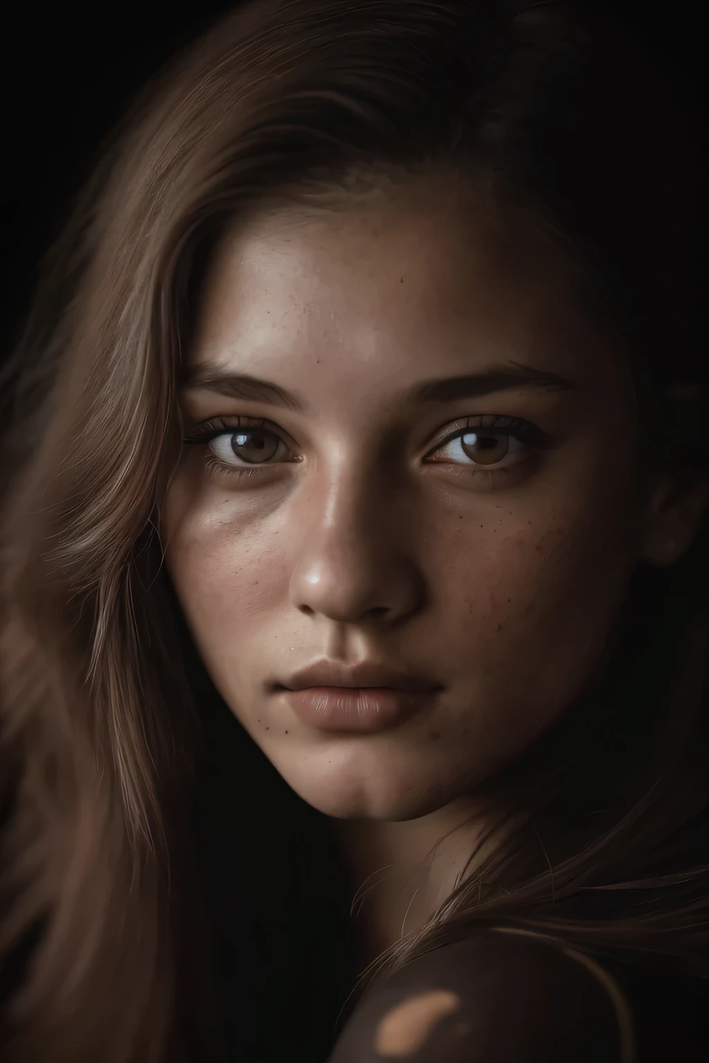 (close, Editorial photo of a 21 year old woman), (highly detailed face:1.4) (smile:0.7) (background in the dark, Moody, private school:1.3) throw, Written by Lee Jeffries, Nikon D850, film stock photography ,4 Kodak Portra 400 ,camera f1.6 lenses ,rich colors ,surreal ,Realistic texture, dramatic lighting , Cinestill 800,