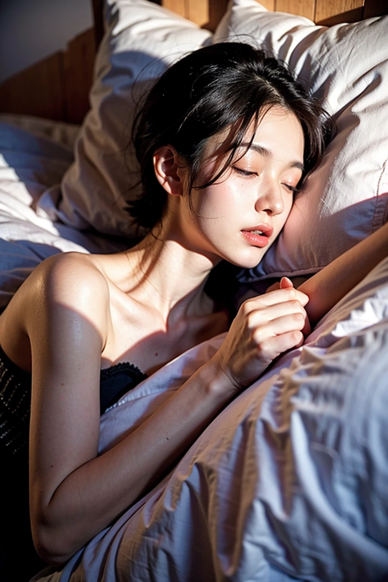 Realistic Photography, Beautiful Female ,Sleep ,bed, short hair