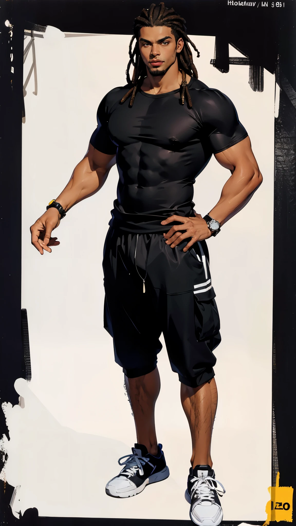 ((best quality,4k,highres,masterpiece:1.2)),((character concept art)), 1 male, 19-year-old African-American exchange student from U.S., college league player, American Football, Running Back position, athlete, athletic body, tall, broad shoulders, broad chest, very strong arms and legs, very muscular, dreadlock hairstyle, Andrew Tete's traits and personality - pragmatic, driven, intelligent, compassionate, reliable, womanizer, party goer, arrogant, extrovert, famous for big cock, wearing. black t-shirt, Richard Mille wristwatch, luxury brand sneaker, diamond stud earring, stylish sneakers, confident smirk, intense gaze, (standing confidently), (full body showcase), (show full body), (no logos on background), (no logo), ((plain background)), ((plain background)), (((empty background)))