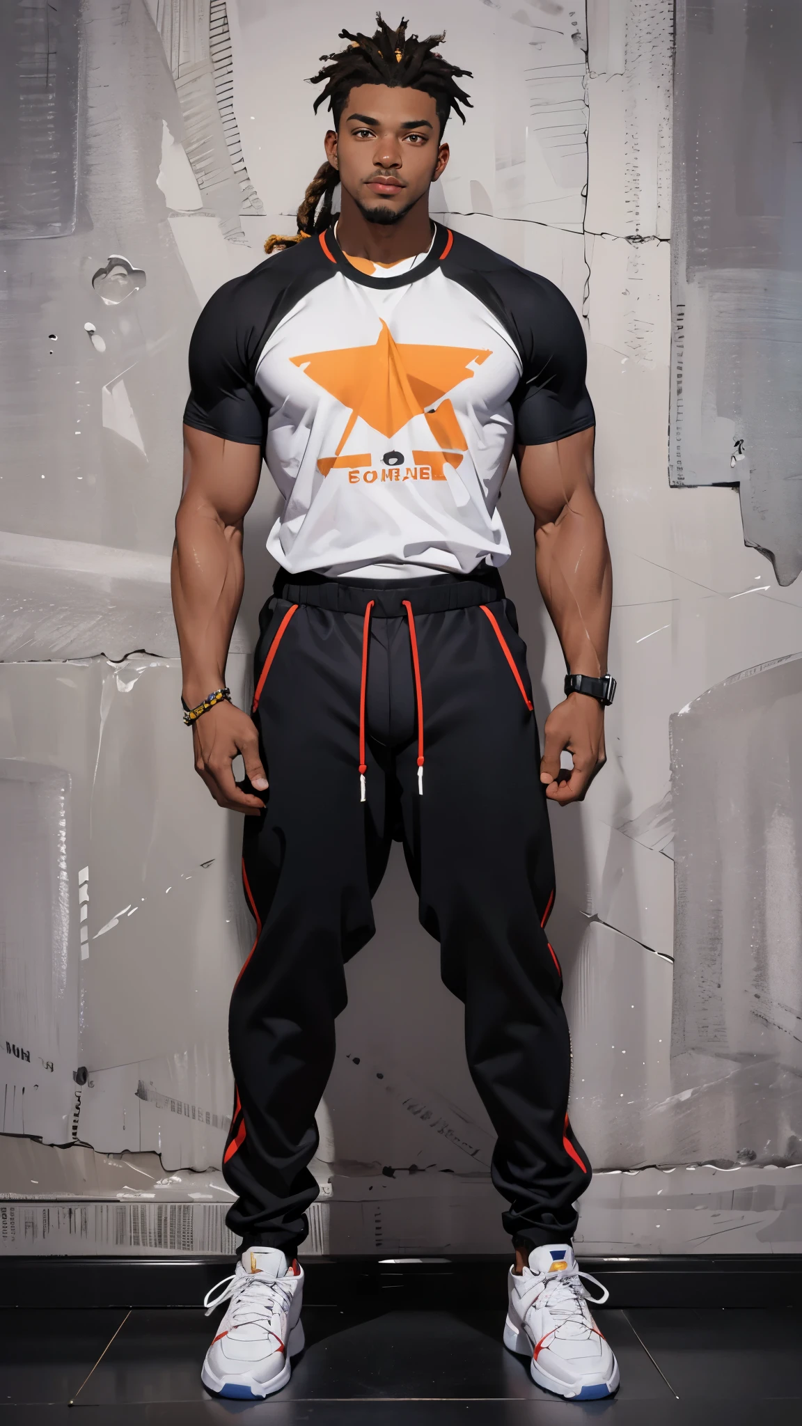 ((best quality,4k,highres,masterpiece:1.2)),((character concept art)), 1 male, 19-year-old African-American exchange student from U.S., college league player, American Football, Running Back position, athlete, athletic body, tall, broad shoulders, broad chest, very strong arms and legs, very muscular, dreadlock hairstyle, Andrew Tete's traits and personality - pragmatic, driven, intelligent, compassionate, reliable, womanizer, party goer, arrogant, extrovert, famous for big cock, wearing. black t-shirt, Richard Mille wristwatch, luxury brand sneaker, diamond stud earring, stylish sneakers, confident smirk, intense gaze, (standing confidently), (full body showcase), (show full body), (no logos on background), (no logo), ((plain background)), ((plain background)), (((empty background)))