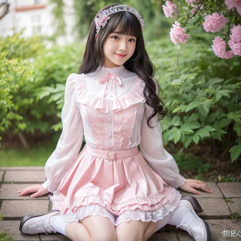 best quality, masterpiece, lifelike, 1 girl, alone, eternal, black hair, Long curly hair, blunt bangs, Smile, pink skirt, pink ta dress, layered skirt, Lolityle long skirt,分層連衣裙 lace-trimmed 裙子, decorate, lace, long sleeve, puff sleeves, wide sleeves, Transparent sleeves, hair accessories, 在flower园里, flower, Detailed background, delicate face,pink blush,White knee-length socks, Pink shoes,cold,Lots of lace,((masterpiece))、(top quality)、8K、high detail、super detailed、 21 years old female,穿着pink lolita d((dreamy atmosphere:1.1))、Seductive and whimsical style、masterpiece、born、Scenes resembling fairy tale illustrations、Intricate details showcase the ruffles and intricate designs of the Lolita dressutifully、magic、capricious、 beautifully、Dream aesthetics、「𝓡𝓸𝓶𝓪𝓷𝓽𝓲𝓬、ethereal、charming、fickle、magic」、realism、Visual effects、FXAA、SSAO、shader、voiceless、environmental lighting、Tone mapping、High resolution、ultra high definition、megapixel、(8K resolution:1.10)、8K、Below 8K、8K resolution、high detail、intricate details、A look of surprise and awe on her face、 (high quality:1.2、masterpiece:1.2、:1.21)、(21 years old female:1.21)、(興奮地Smile)、(Surrounded by the dreamy atmosphere of an amusement par色洛丽塔连衣裙、Her eyes were full of surprise and joy、I took a lot of geek photos、、High heel、Model diagram,full-body shot,Knee-high 白色的 lace socks,Sweet Lolita,Normal 2 ,Pink shoes,Baotou shoes,full-body shot,baby star dress,have,Don't show your fingers,cold,Emphasize the volume of the skirt,exposed,Huge breasts,white underwear,The skirt flew up,Spread your legs,low cut,Expose panties
