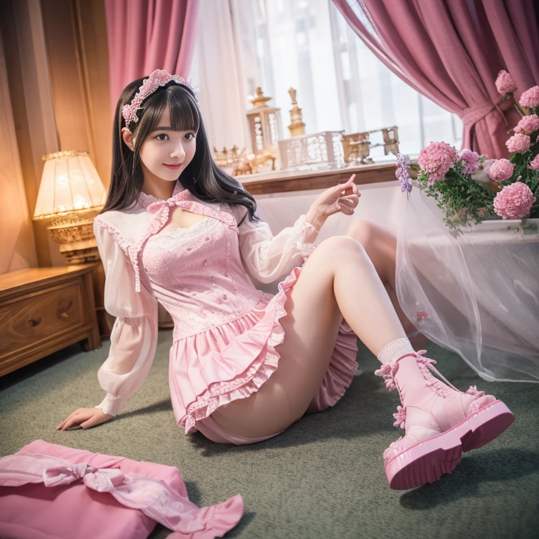 best quality, masterpiece, lifelike, 1 girl, alone, eternal, black hair, Long curly hair, blunt bangs, Smile, pink skirt, pink lolita dress, layered skirt, Lolita style long skirt,分層連衣裙 lace-trimmed 裙子, decorate, lace, long sleeve, puff sleeves, wide sleeves, Transparent sleeves, hair accessories, 在flower园里, flower, Detailed background, delicate face,pink blush,White knee-length socks, Pink shoes,cold,Lots of lace,((masterpiece))、(top quality)、8K、high detail、super detailed、 21 years old female,穿着pink lolita dress((dreamy atmosphere:1.1))、Seductive and whimsical style、masterpiece、born、Scenes resembling fairy tale illustrations、Intricate details showcase the ruffles and intricate designs of the Lolita dress、beautifully、magic、capricious、 beautifully、Dream aesthetics、「𝓡𝓸𝓶𝓪𝓷𝓽𝓲𝓬、ethereal、charming、fickle、magic」、realism、Visual effects、FXAA、SSAO、shader、voiceless、environmental lighting、Tone mapping、High resolution、ultra high definition、megapixel、(8K resolution:1.10)、8K、Below 8K、8K resolution、high detail、intricate details、A look of surprise and awe on her face、 (high quality:1.2、masterpiece:1.2、:1.21)、(21 years old female:1.21)、(興奮地Smile)、(Surrounded by the dreamy atmosphere of an amusement par色洛丽塔连衣裙、Her eyes were full of surprise and joy、I took a lot of geek photos、、High heel、Model diagram,full-body shot,Knee-high 白色的 lace socks,Sweet Lolita,Normal 2 feet,Pink shoes,Baotou shoes,full-body shot,baby star dress,have,Don't show your fingers,cold,Emphasize the volume of the skirt,exposed,Huge breasts,white underwear,The skirt flew up,Spread your legs,low cut,Expose panties