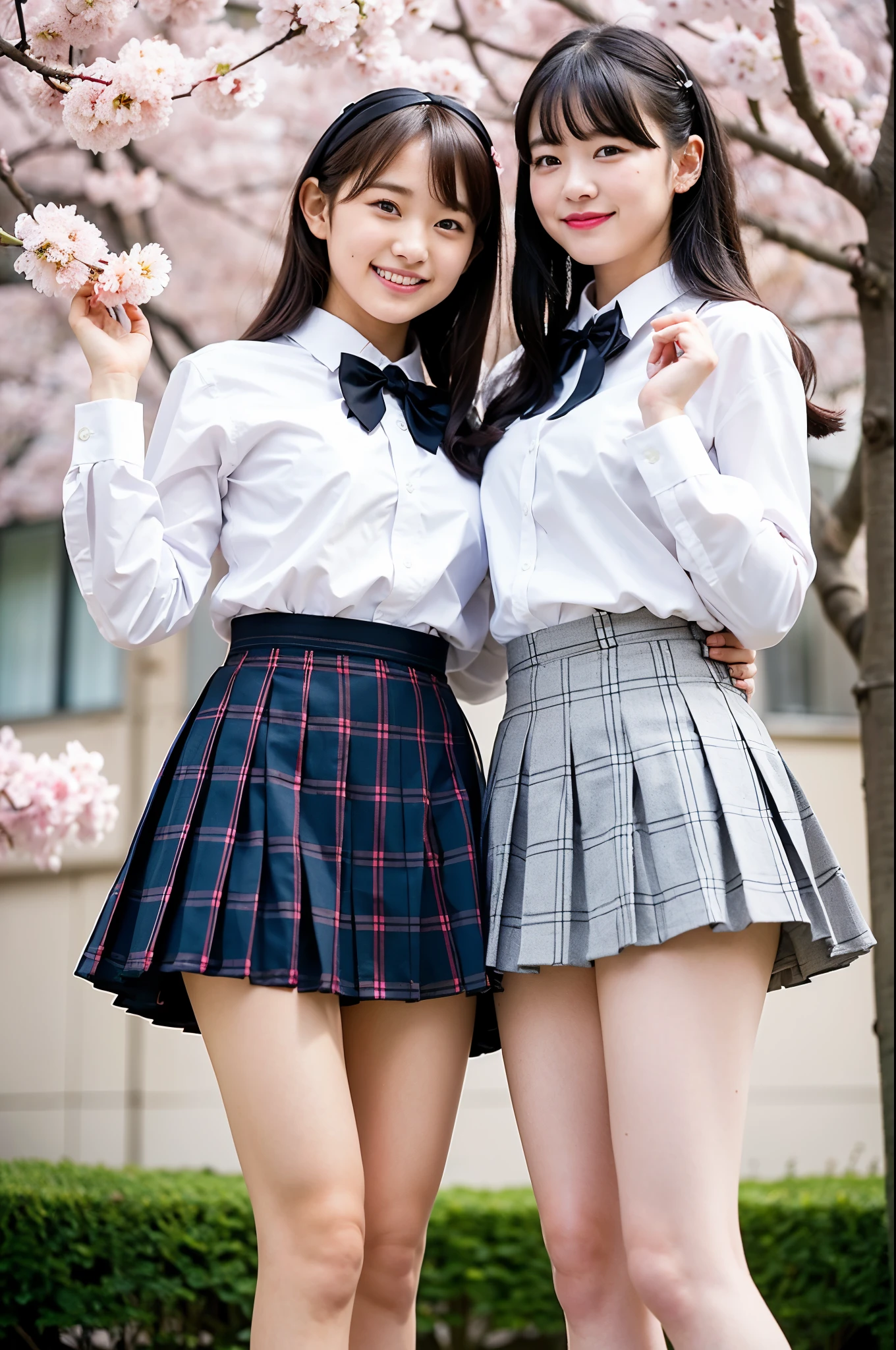 2 girls with knee up,in cherry blossom school yard,white shirt with plaid bow tie,flipped up gray plaid pleated skirt,showing white thong,18-year-old,bangs,a little smile,thighs,knees,barrette,from below,front light