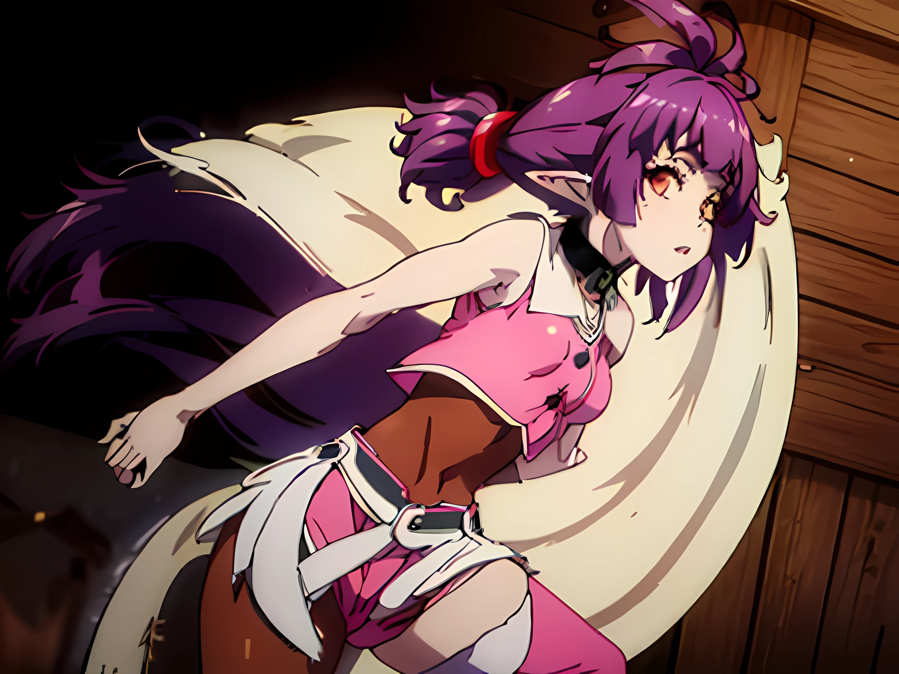 place:(day:1.7), in forest village, wooden house,brick_wall,
action:standing in fighting position,( dynamic pose:1.2),
trappings:(pink shirt,black tie,brown vest,sleeveless,:1.2)
The character: choker, elf, long_pointy_ears,
the hair:purple hair,red eye,hair_ornament,(twintails:1.2), hair_tie,
Eye expressions: looking at viewer,
Quality: official art,extremely detailed CG unity 8k wallpaper, perfect lighting,Colorful, Bright_Front_face_Lighting, (masterpiece:1.0),(best_quality:1.0), ultra high res,4K,ultra-detailed, photography, 8K, HDR, highres, absurdres:1.2, Kodak portra 400, film grain, blurry background, bokeh:1.2, lens flare, (vibrant_color:1.2)
big breasts body: (Beautiful,Medium_Breasts:1.1), (beautiful_face:1.5),(narrow_waist), (skindentation, narrow waist, thighs, wide hips, half eye close, eyeliner, eyelashes, perfect face, detailed eyes, facial lighting:1.3),