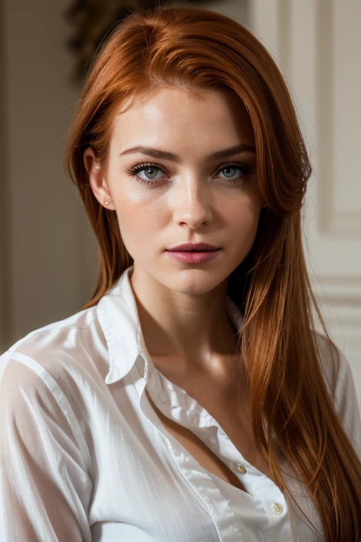 ((Photographie de portrait)),(best quality, high quality, sharpness:1.4), belle femme rousse européenne, (cheveux roux:1.1), taches de rousseur, mode visage, se maquiller, (slightly matte lipstick:1.1), regarde le spectateur, chemise, best quality, Realistic , chef-d&#39;artwork, Dark theme, cheveux tres longs, roux, rousse, roux petant 