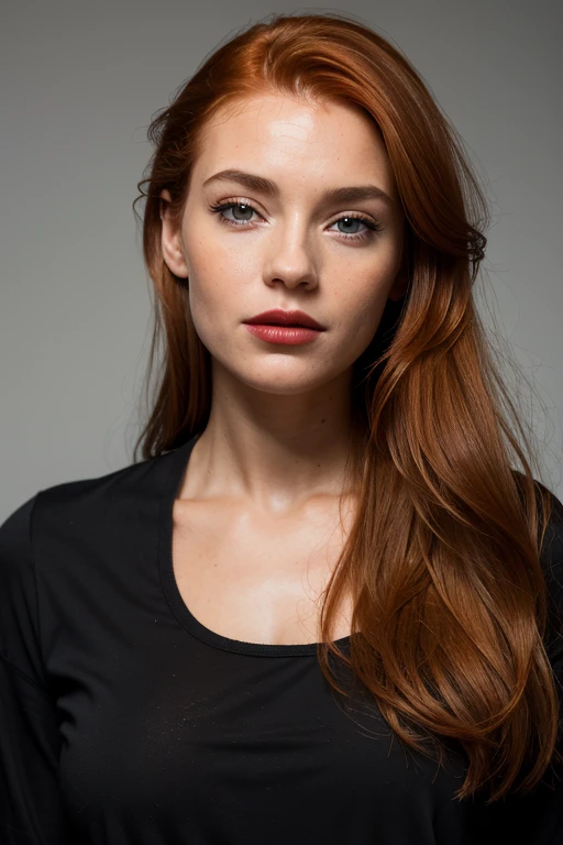 ((Photographie de portrait)),(best quality, high quality, sharpness:1.4), belle femme rousse européenne, (cheveux roux:1.1), taches de rousseur, mode visage, se maquiller, (slightly matte lipstick:1.1), regarde le spectateur, chemise, best quality, Realistic , chef-d'artwork, Dark theme, cheveux tres longs, roux, rousse, roux petant