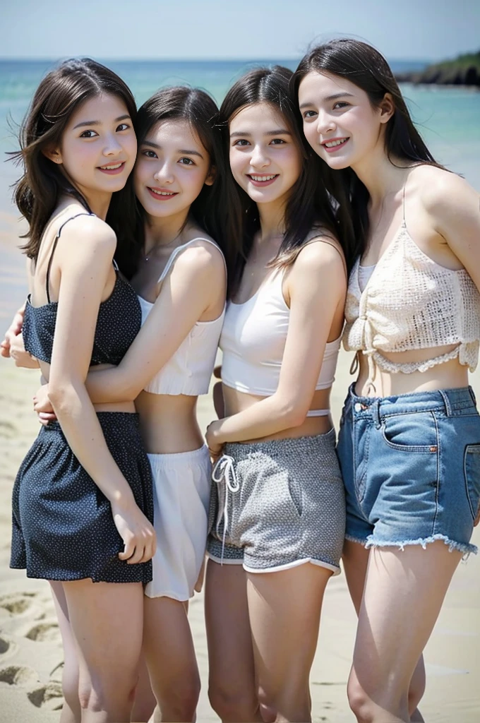 Girls having fun on the beach、three girls、young face、casual summer outfit、3 girls in their 20s