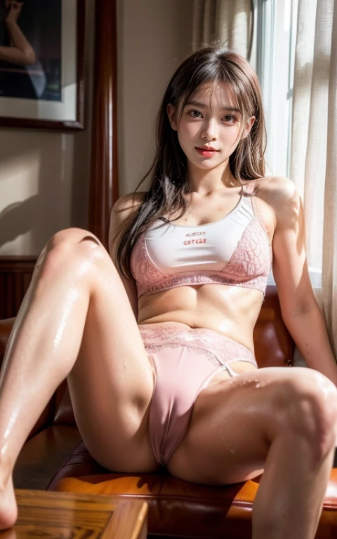 Ulchan-6500-v1.1, (Raw photo:1.2), (realistic:1.4), beautiful detailed girl, very detailed eyes and face, detailed and beautiful eyes, （wet crotch:1.5）,That&#39;s ridiculous, incredibly ridiculous, huge file size, （super detailed wet ）, High resolution, very detailed, highest quality, table top, ((Upper body wears gym wear、The lower body is wearing dark pink lace underwear.:1.2)), figure, very detailed, nffsw, unified, 8k wallpaper, wonderful, small details, table top, highest quality, Highly detailed nffsw unified 8k wallpaper, face light, movie lighting, 1 girl, , ((spread your legs and show me your wet genitals)), ((dynamic pose))), (camel toe), (half),  (Legs that sit with knees bent and thighs apart))、 (low angle shot), ((peek from below))、big、