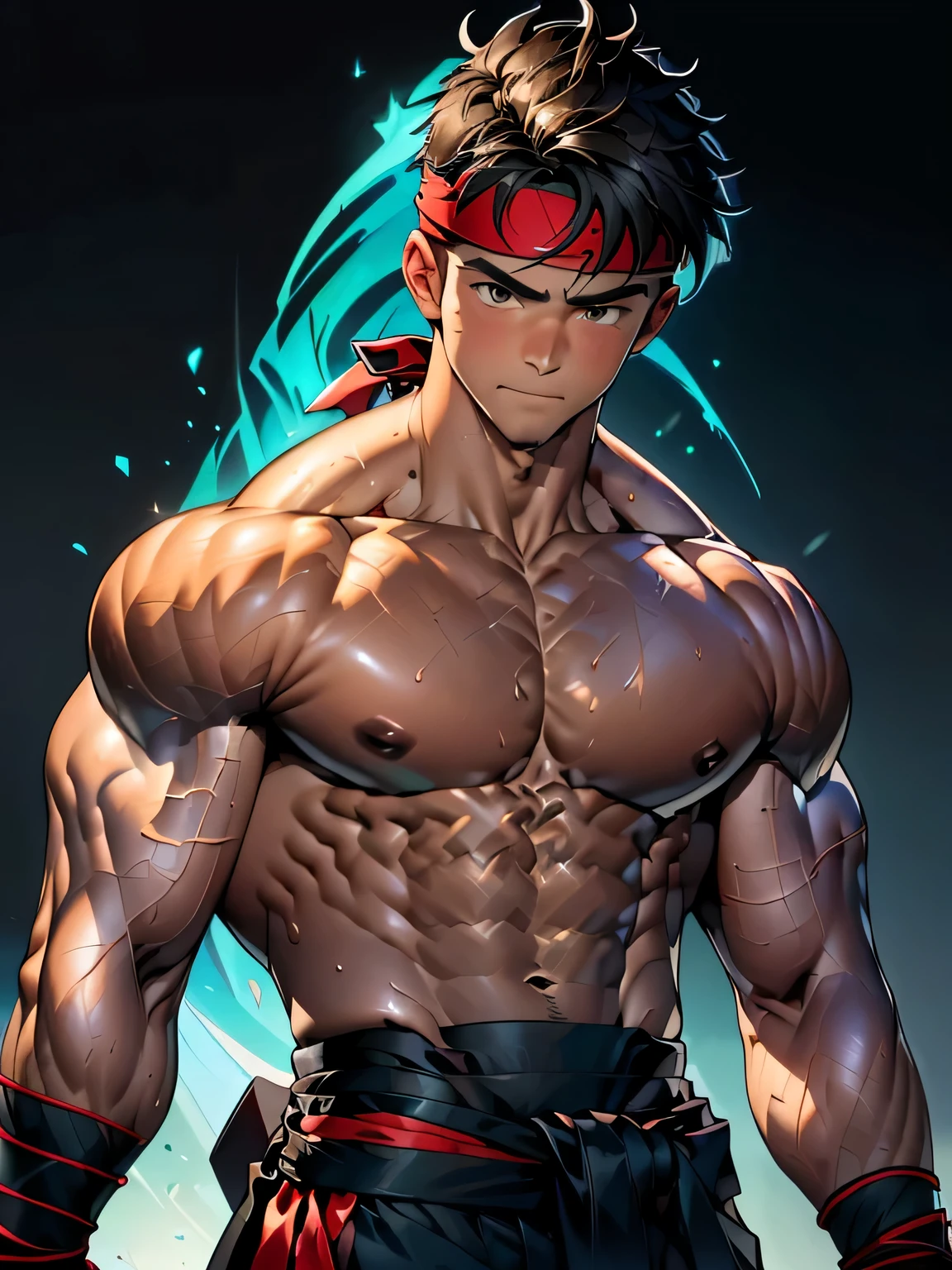 (Masterpiece, Best quality 19 year old boy, simple background, cowboy shot), solo, Young, boy, muscler, Shirtless, topless, (Dark Short straight hair, under cut, brown eyes), (red headband, ((black wristband, weist sash))), Vivid colors, (hot Abs:1.2, abs!, big abs, big breast:1.2, chest!, muscler upper arms, mighty fist), (topless male), closed mouth, serious, muscler!, muscler body, Man with martial arts stance, (aura power:1.4), detailed face, detailed muscle, (((A magical turquoise mystical aura graces his upper body, random pose)))