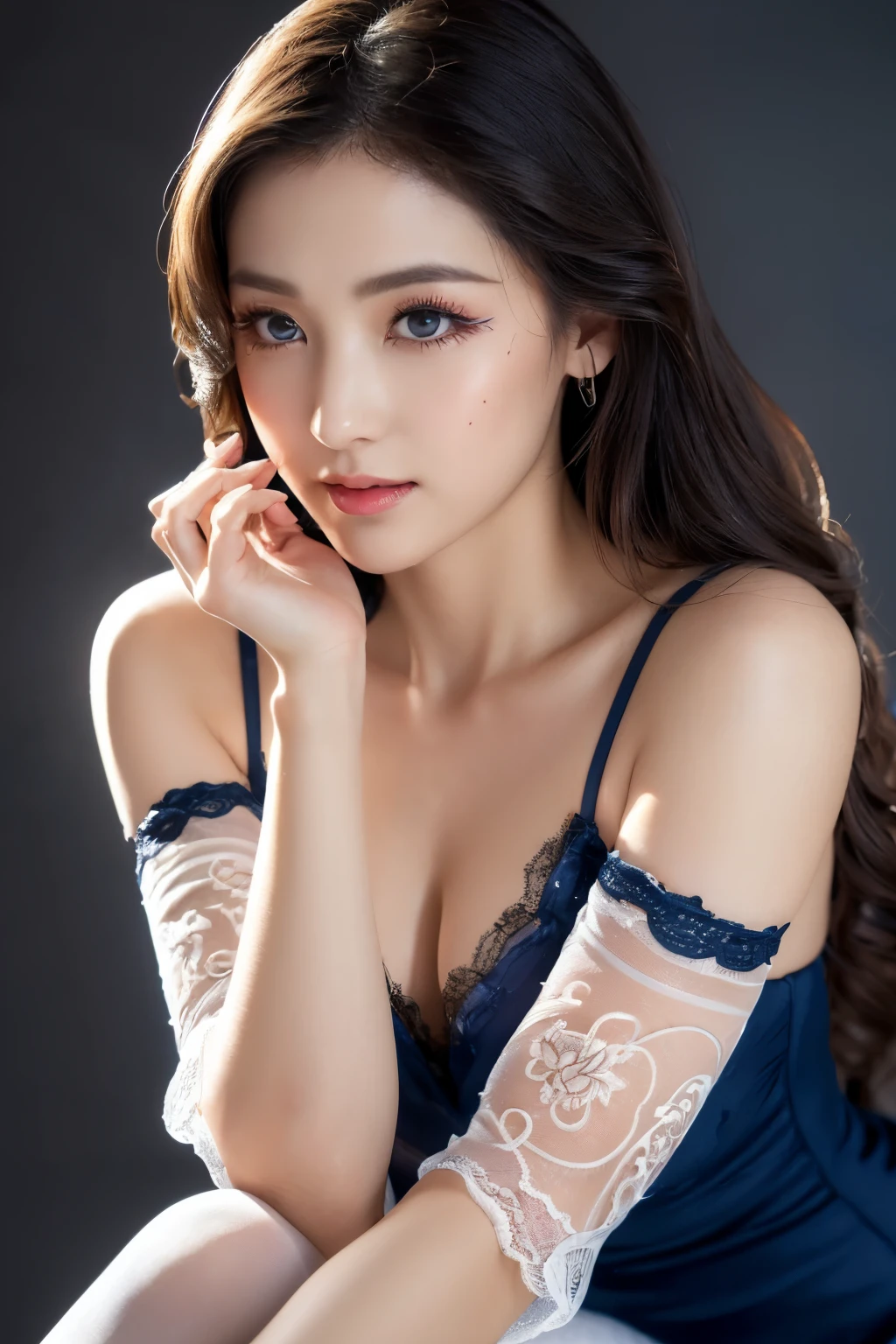 ((highest quality、8K、masterpiece:1.3))、1 girl、very delicate and beautiful girl、Clear and beautiful、The brilliance of three-dimensional and beautiful details、eyelash、windblown hair、realistic and detailed face、smile、super delicate face、delicate eyes、pale skin、Bewitching、sensually、bondage、japanese model、Sexy:8、(Vintage Navy Blue Lace Dress:1.1), (deadly woman:1.3)、Gorgeous gravure models、 (長いeyelash+smoky eyeliner+sparkle in the eyes+red eyeshadow+Glossy lips+Erotic Sexy Makeup:1.1), You can see above the knee、sensually燃えるアイドル、Bewitching、Sex、cute statue idol、Bright colors!、huge file size, super detailed, High resolution, very detailed, highest quality, masterpiece, very detailed, cg, unity, 8k wallpaper, amazing, finely, masterpiece, highest quality, Hvery detailed cg8k wallpapers, face light, movie lighting、1 girl、(camel toe)、(half)、(wearing pantyhose)、(pantyhose and legs))、((Knee bending and leg retention))、(Depth of the bounds written:1.1)、(highest qualityの美顔:1.3)、(highest qualityの美しい明るい目:1.3)、(highest qualityの超リアルな質感の人肌:1.3)、(freckles、red tide、scratch、Fine wrinkles、pores、vein、complexion:1.12)、(Vibrant skin、rough skin)、(super exquisite beauty:1.1) (full eyes、full face:1.1)、(realistic lighting、movie lighting:1.1)、 (simple background:1.25)、High resolution、The super detailed、High Definition cg unity 8k Wallpapers、exposed thighs、