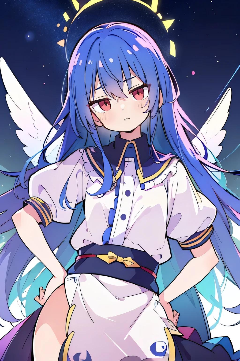 (best quality,highres,masterpiece:1.2),ultra-detailed,(realistic:1.37), expressive eyes, perfect face, 1 girl, hands on waist, beautiful, glamorous, Japanese anime, girl, Lola, Chouno Angel, blue hair, floating clothes, waist grabbing, hands on hips, flat-chested, starry sky