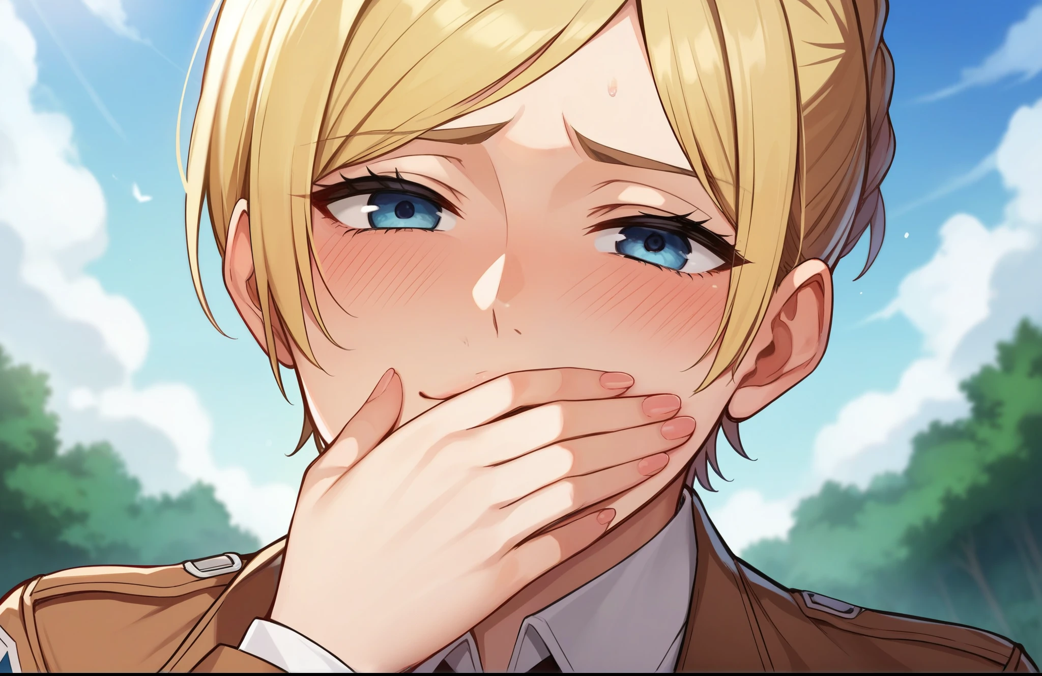 score_9, score_8_up, score_7_up, score_6_up, source_anime, BREAK,1girl, annie leonhart, attack on titan, seras, outdoors, in Forest, face focus, face closeup, face, face only, smug, shy, embarrassed, covering mouth, covering eyes