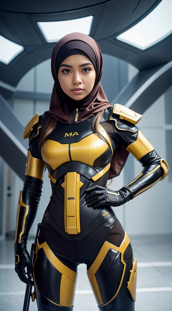 .RAW, La mejor calidad, High resolution, Obra maestra: 1.3), Hermosa mujer malaya con hijab,Obra maestra, La mejor calidad,8k, brown eyes, ojos perfectos,Imagine the Malay girl in hijab in a futuristic command center., Strategically coordinate the actions of your mecha suit to respond to a crisis, mostrando su liderazgo e inteligencia