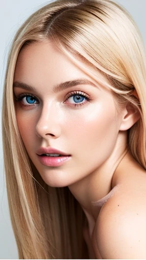 Beautiful white girl with nude lips looks to the camera. Stunning blonda girl. Young beautiful woman with a healthy clean skin. Pretty woman with bright makeup of eyes.