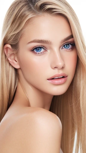 Beautiful white girl with nude lips looks to the camera. Stunning blonda girl. Young beautiful woman with a healthy clean skin. Pretty woman with bright makeup of eyes.