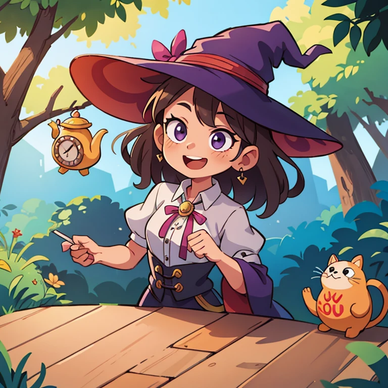 ((masterpiece, Best quality)), ((style-swirlmagic):0.4), 
1 girl, witch tea , wooden table , Cute, happy, bright, colorful,  fantasy,
