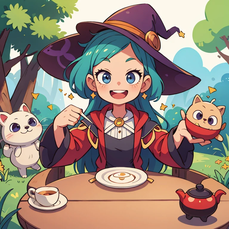 ((masterpiece, Best quality)), ((style-swirlmagic):0.4),
1 girl, witch tea , wooden table , Cute, happy, bright, colorful, fantasy,