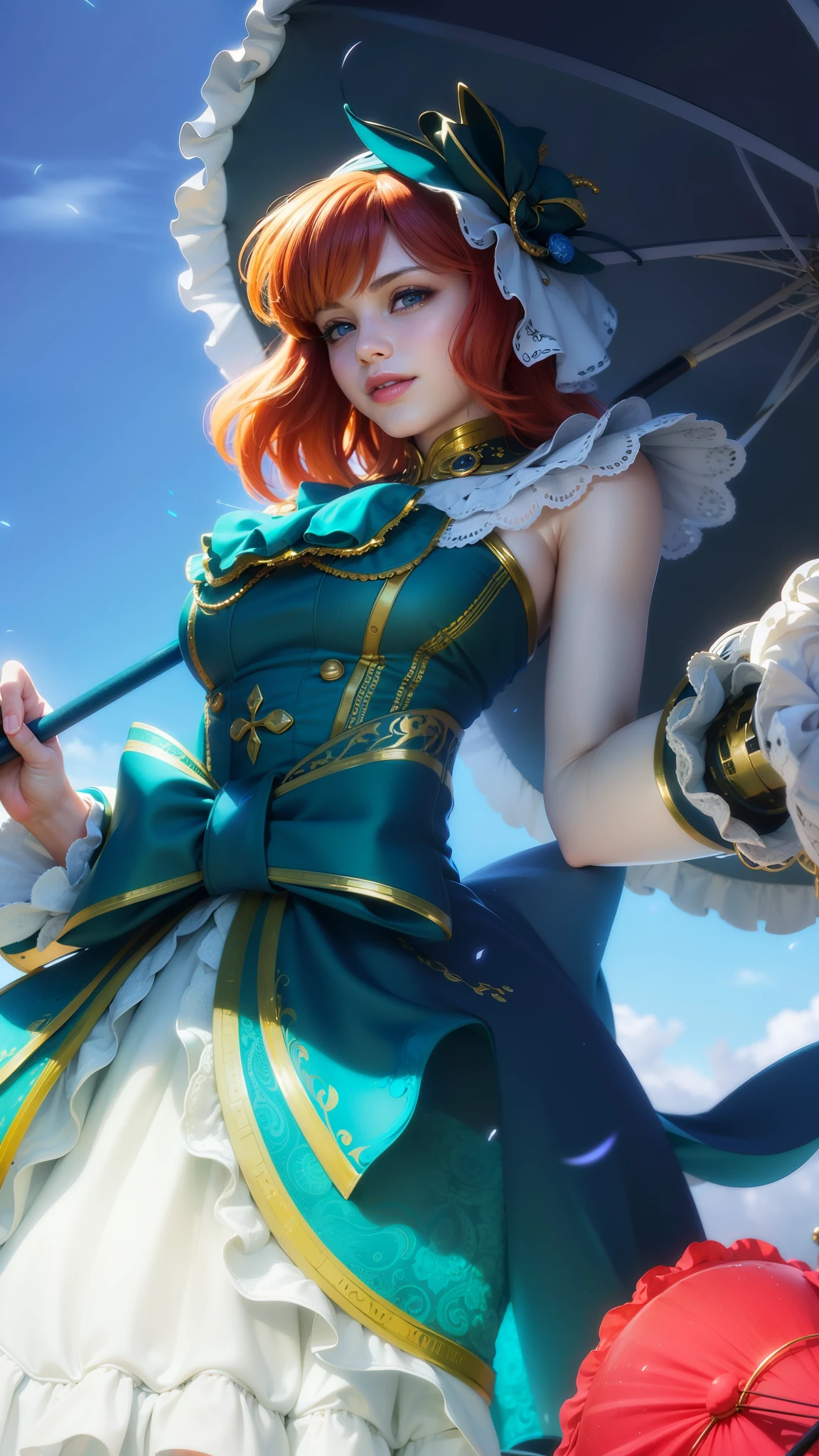 girl with orange hair holding a umbrella, red lips glossy, 8k, ultra hd, ultra detailed texture, hyper realistic, masterpiece, detailed texture, detailed face, detailed skin, detailed lighting, (photorealistic:1.5), best quality, beautiful lighting, cinematic lighting, professional lighting, ultra highres, realistic, detailed hair, real hair, high quality, (realskin:1.5), extremely detailed, finely detail, ultra-detailed, smile, blue eyes.