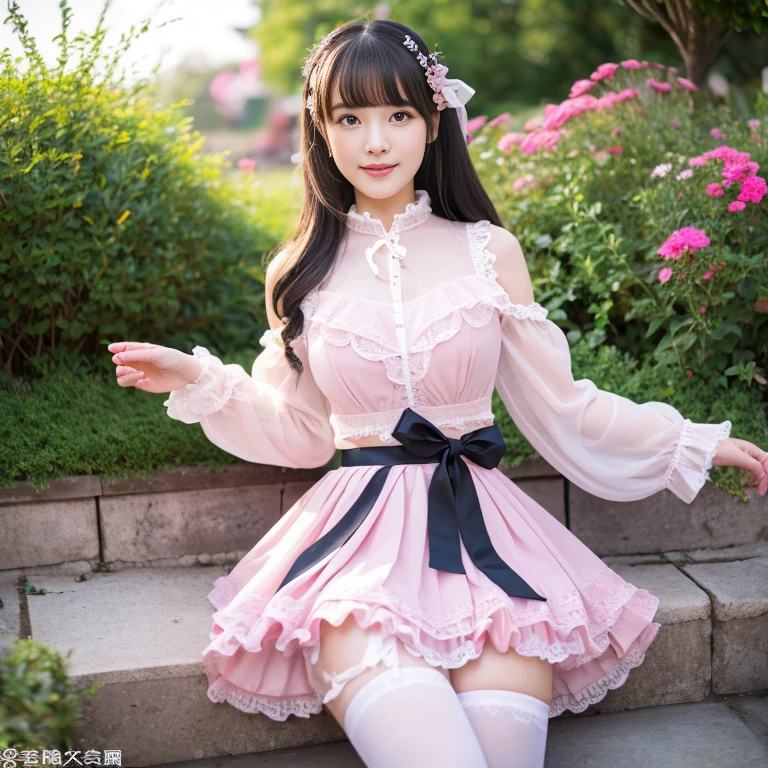 best quality, masterpiece, lifelike, 1 girl, alone, eternal, black hair, Long curly hair, blunt bangs, Smile, pink skirt, pink lolita dress, layered skirt, Lolita style long skirt,分層連衣裙 lace-trimmed 裙子, decorate, lace, long sleeve, puff sleeves, wide sleeves, Transparent sleeves, hair accessories, 在flower园里, flower, Detailed background,  delicate face，pink blush，White knee-length socks, Pink shoes，cold，Lots of lace，((​masterpiece))、(top quality)、8K、high detail、super detailed、 21 years old female，穿着pink lolita dress((dreamy atmosphere:1.1))、Seductive and whimsical style、​masterpiece、born、Scenes resembling fairy tale illustrations、Intricate details showcase the ruffles and intricate designs of the Lolita dress、beautifully、magic、capricious、 beautifully、Dream aesthetics、「𝓡𝓸𝓶𝓪𝓷𝓽𝓲𝓬、ethereal、charming、fickle、magic」、realism、Visual effects、FXAA、SSAO、shader、voiceless、environmental lighting、Tone mapping、High resolution、ultra high definition、megapixel、(8K resolution:1.10)、8K、Below 8K、8K resolution、high detail、intricate details、A look of surprise and awe on her face、 (high quality:1.2、​masterpiece:1.2、:1.21)、(21 years old female:1.21)、(興奮地Smile)、(Surrounded by the dreamy atmosphere of an amusement par色洛丽塔连衣裙、Her eyes were full of surprise and joy、I took a lot of geek photos、、High heel、Model diagram，full-body shot，Knee-high 白色的 lace socks,Sweet Lolita，Normal 2 feet，Pink shoes，Baotou shoes，full-body shot，baby star dress，have，Don't show your fingers，cold，Emphasize the volume of the skirt，exposed，Huge breasts，white underwear,The skirt flew up，Spread your legs，low cut，Expose panties，Puffy Skirt