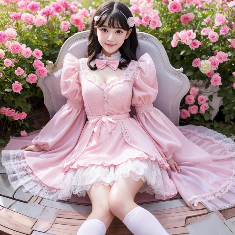 best quality, masterpiece, lifelike, 1 girl, alone, eternal, black hair, Long curly hair, blunt bangs, Smile, pink skirt, pink lolita dress, layered skirt, Lolita style long skirt,分層連衣裙 lace-trimmed 裙子, decorate, lace, long sleeve, puff sleeves, wide sleeves, Transparent sleeves, hair accessories, 在flower园里, flower, Detailed background, delicate face,pink blush,White knee-length socks, Pink shoes,cold,Lots of lace,((masterpiece))、(top quality)、8K、high detail、super detailed、 21 years old female,穿着pink lolita dress((dreamy atmosphere:1.1))、Seductive and whimsical style、masterpiece、born、Scenes resembling fairy tale illustrations、Intricate details showcase the ruffles and intricate designs of the Lolita dress、beautifully、magic、capricious、 beautifully、Dream aesthetics、「𝓡𝓸𝓶𝓪𝓷𝓽𝓲𝓬、ethereal、charming、fickle、magic」、realism、Visual effects、FXAA、SSAO、shader、voiceless、environmental lighting、Tone mapping、High resolution、ultra high definition、megapixel、(8K resolution:1.10)、8K、Below 8K、8K resolution、high detail、intricate details、A look of surprise and awe on her face、 (high quality:1.2、masterpiece:1.2、:1.21)、(21 years old female:1.21)、(興奮地Smile)、(Surrounded by the dreamy atmosphere of an amusement par色洛丽塔连衣裙、Her eyes were full of surprise and joy、I took a lot of geek photos、、High heel、Model diagram,full-body shot,Knee-high 白色的 lace socks,Sweet Lolita,Normal 2 feet,Pink shoes,Baotou shoes,full-body shot,baby star dress,have,Don't show your fingers,cold,Emphasize the volume of the skirt,exposed,Huge breasts,white underwear,The skirt flew up,Spread your legs,low cut,Expose panties,Puffy Skirt